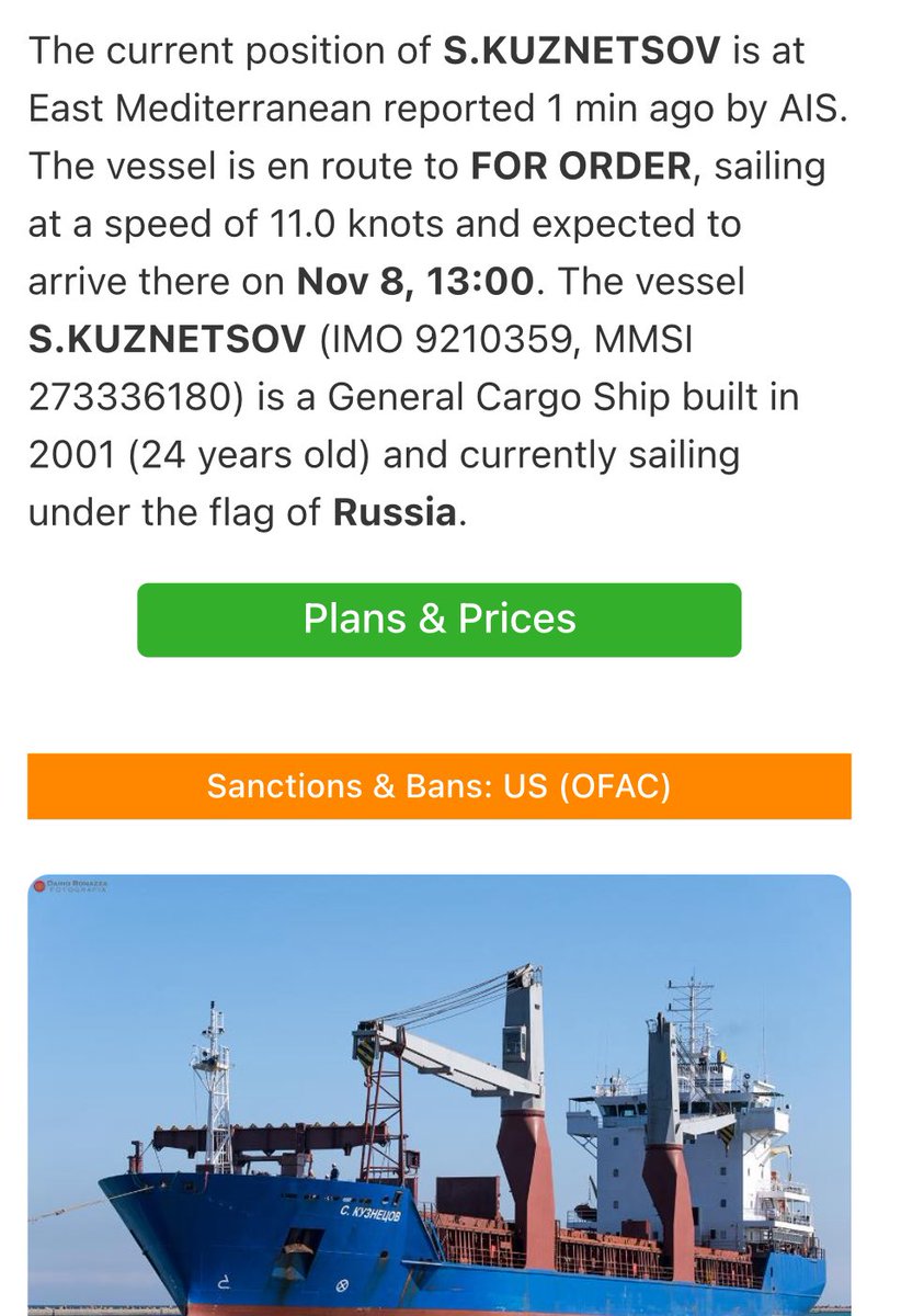 The cargo ship S. Kuznetsov, after a three-day stop in the commercial port of Tartus, has now left the area and appears to be heading toward the Black Sea. Its exact destination remains unclear for the moment.