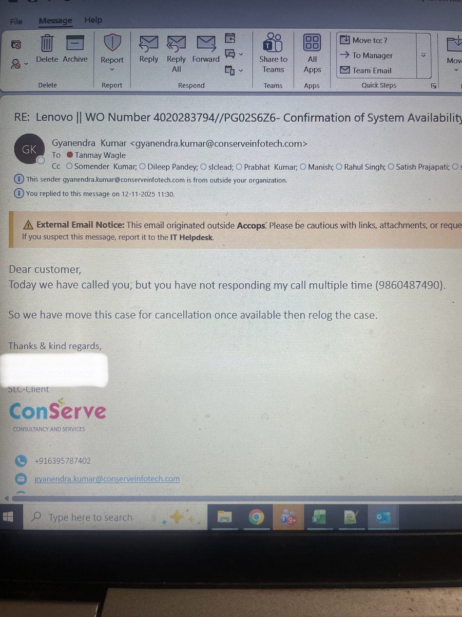 tanmaywagle's tweet photo. @Lenovo_in  @Lenovo 
When I raise a request for laptop repair under warranty, receive a call from engineer that he cant’t make it due to family emergency and later you receive this email!!
Utterly unprofessional https://t.co/6sMBJgqOnB