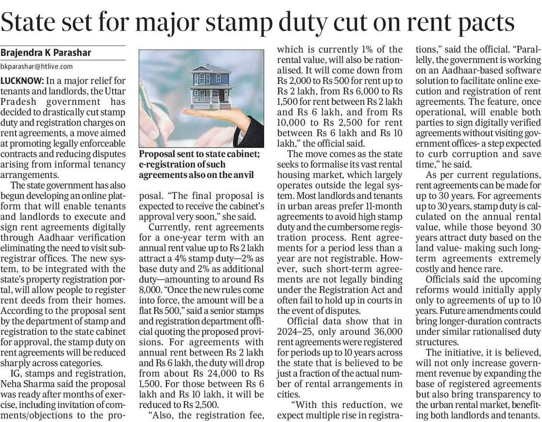 Currently, for example, rent agreements for a one-year term with an annual rent value up to Rs 2 lakh attract a 4% stamp duty—2% as base duty and 2% as additional duty—amounting to around Rs 8,000. Once the new rules come into force, the amount will be a flat Rs 500.For