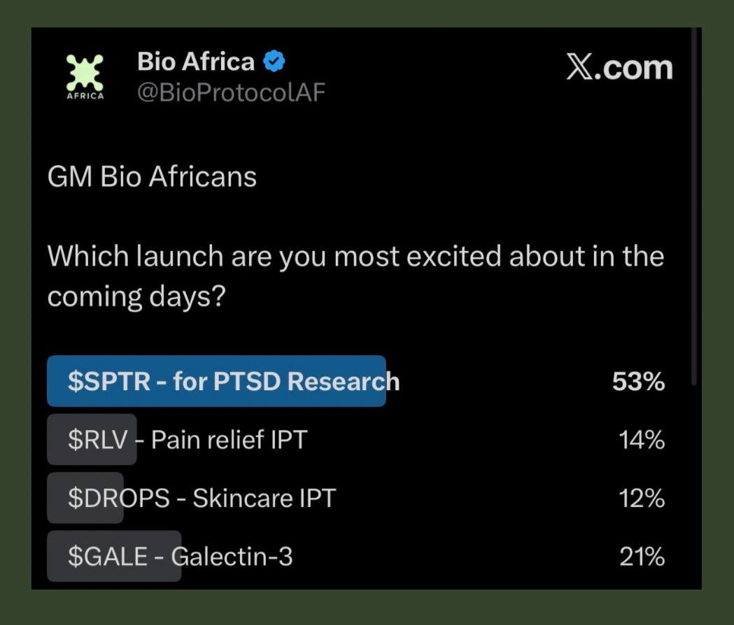 BioProtocolAF's tweet image. The results are out!

The community is clearly bullish on @SpectruthDAO — and for good reason.

SpectruthDAO is building a decentralized ecosystem for mental health and trauma therapy (PTSD), integrating advanced diagnostics and innovative treatments like Ibogaine within a…