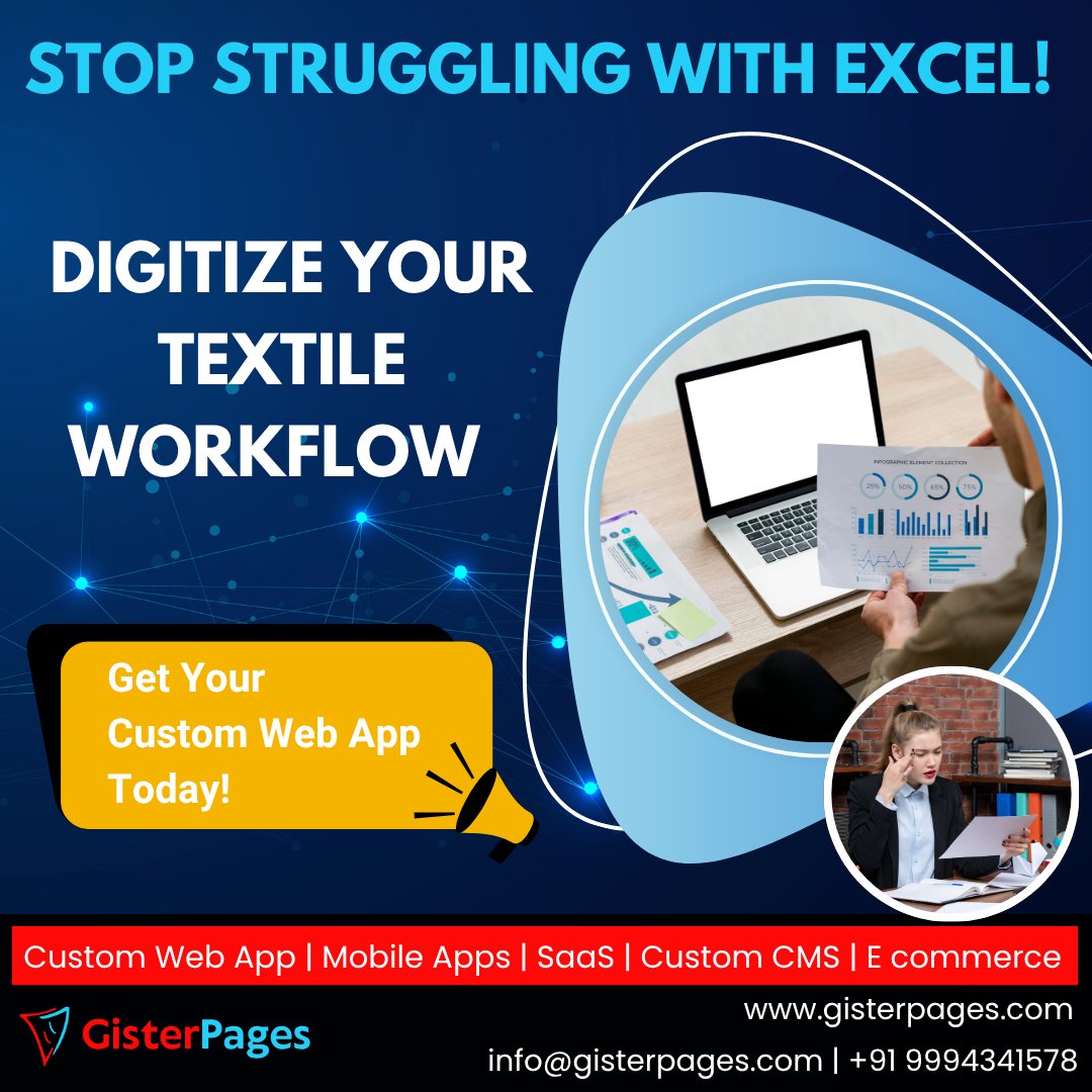 gisterpages's tweet image. Managing textile inventory manually in Excel causes data loss, human error, and zero real-time visibility.

📞 +91 9994341578  
🌐 gisterpages.com  
✉ info@gisterpages.com  
#ExcelToApp #SmartBusinessTools #TextileAutomation #DigitalWorkflow #CloudBasedApp #GisterPages