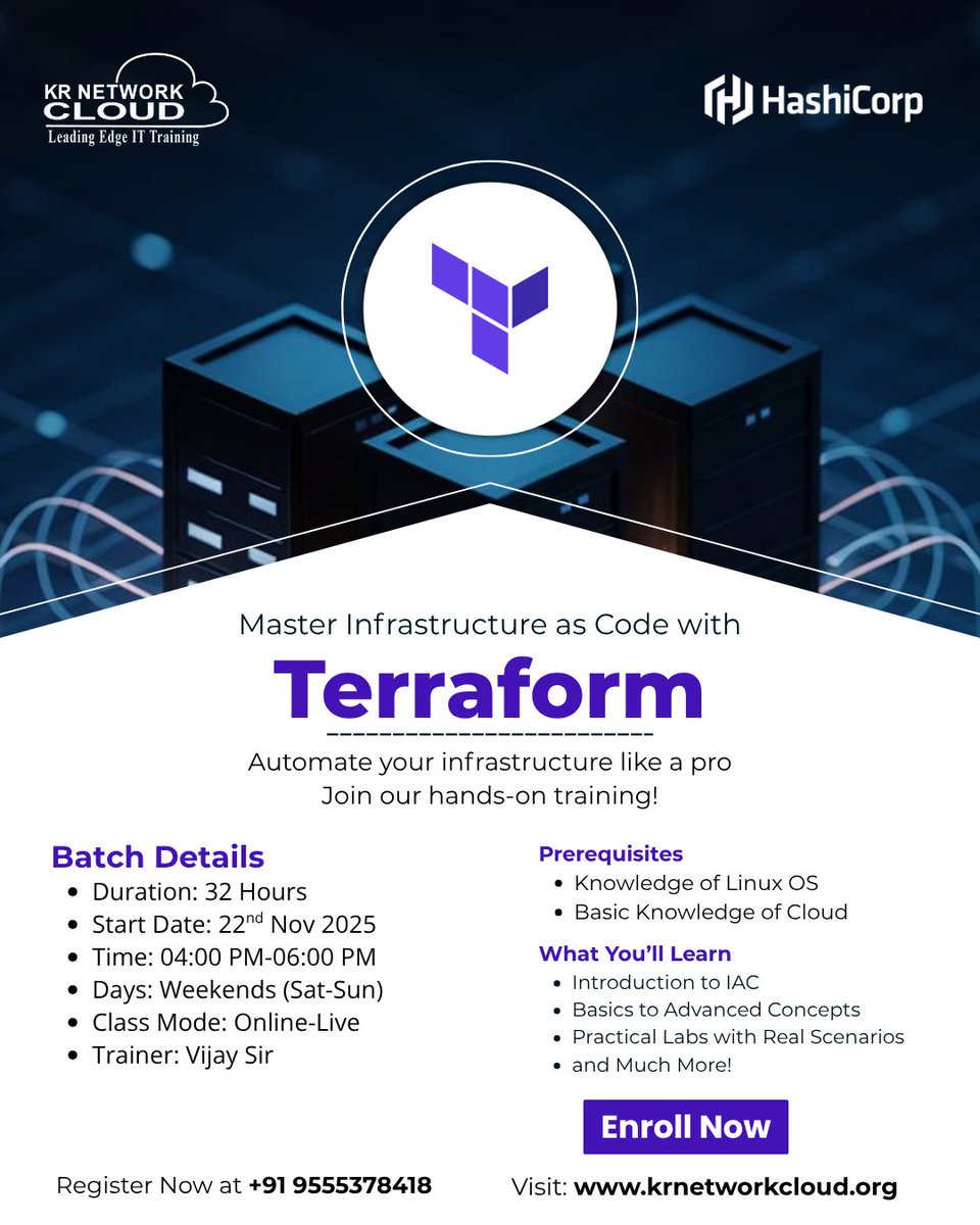 KRNetworkCloud1's tweet image. 🚀 Master Infrastructure Automation with Terrafor

📄 Enquiry Form: forms.gle/m8G4u7KK8nvWzg…

📞 Contact: +91 9555378418
#Terraform #KRNetworkCloud #HashiCorp #InfrastructureAsCode #IaC #CloudAutomation