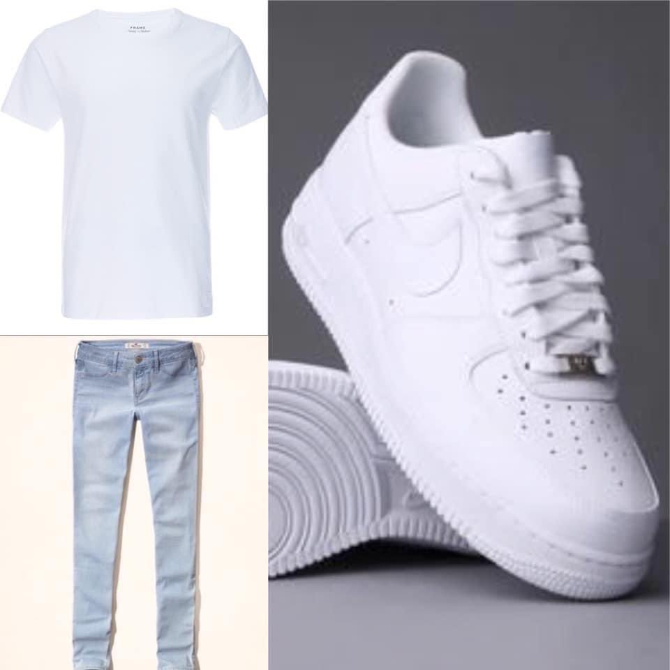 This combo cost $20

1. Original Nike Airforce 1 -$10
2. Round neck tee -$2
3. Jean trousers -$8

Kusachena kuda