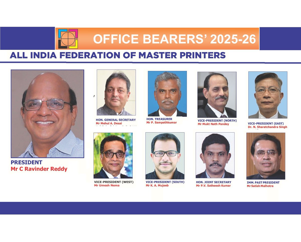 AIFMP announces Office Bearers for 2025-26 
zurl.co/NhfNH
#printing #packaging #publishing #digitalprinting #flexography #flexo #labels #printpack @highlights <a href="/followers/">はうはう</a> <a href="/AAifmp/">All India Federation of Master Printers (AIFMP)</a>