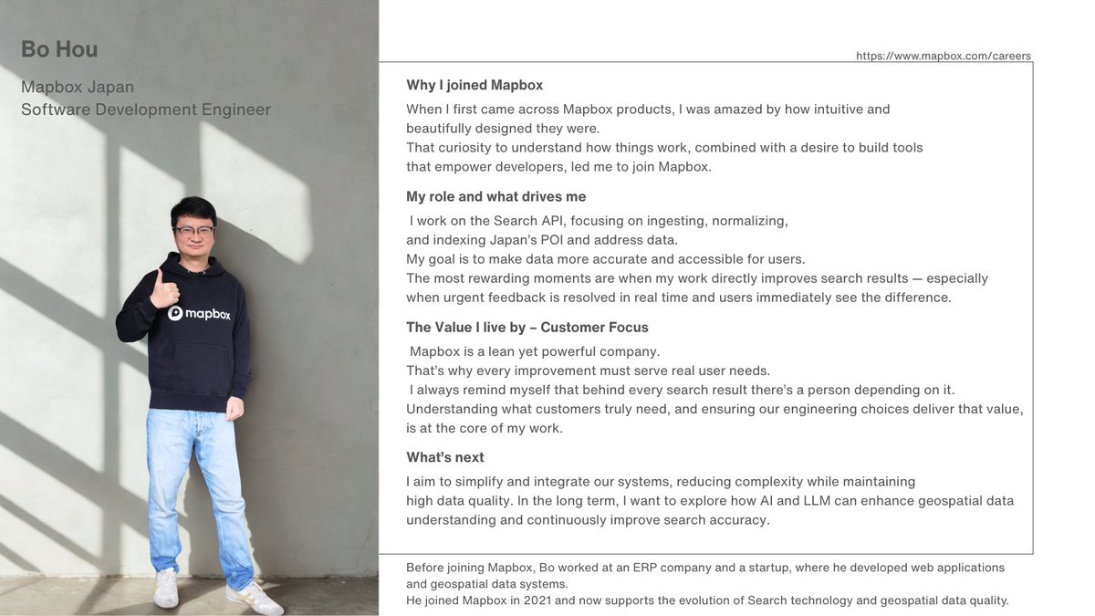 mapbox_jp's tweet image. Software Development Engineer
Bo Hou
Curiosity led him to Mapbox. Now, Bo is building tools that empower developers and improve search accuracy every day.
Explore his story👇
 jobs.ashbyhq.com/mapbox
 #Mapbox #TechCareers #AlwaysBeGrowing #MapboxJapanTeamStories
