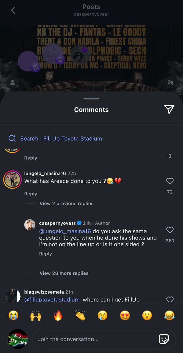 A fan asked <a href="/casspernyovest/">Don Billiato</a> on why <a href="/reece_youngking/">A-REECE.</a> is not on the line up for his #FillUpToyotaStadium and this Is what Cassper said

“do you ask the same question to you when he done his shows and I'm not on the line up or is it one sided ?” - Cassper Nyovest d