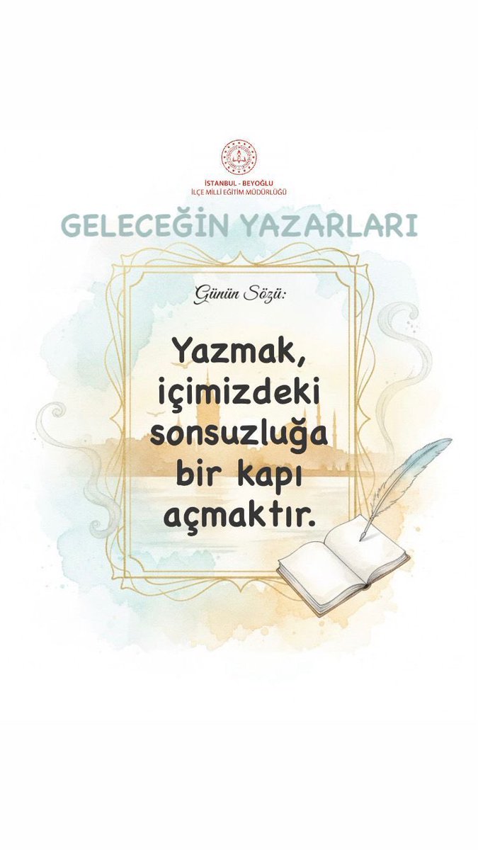 📖 Yazmak, geçmişle geleceği birbirine bağlayan bir köprüdür.
Bugünün sözünde, yazının unutmaya karşı direnişini hatırlıyoruz.
✒️ “Yazmak, hafızanın unutma fırtınasına karşı bir kulaçtı.”
#GeleceğinYazarları 
<a href="/tcmeb/">Millî Eğitim Bakanlığı</a> 
<a href="/Yusuf__Tekin/">Yusuf Tekin</a> 
<a href="/MucahitYentur/">Murat Mücahit Yentür</a> 
<a href="/gelecegnyzrlr34/">Geleceğin Yazarları</a>