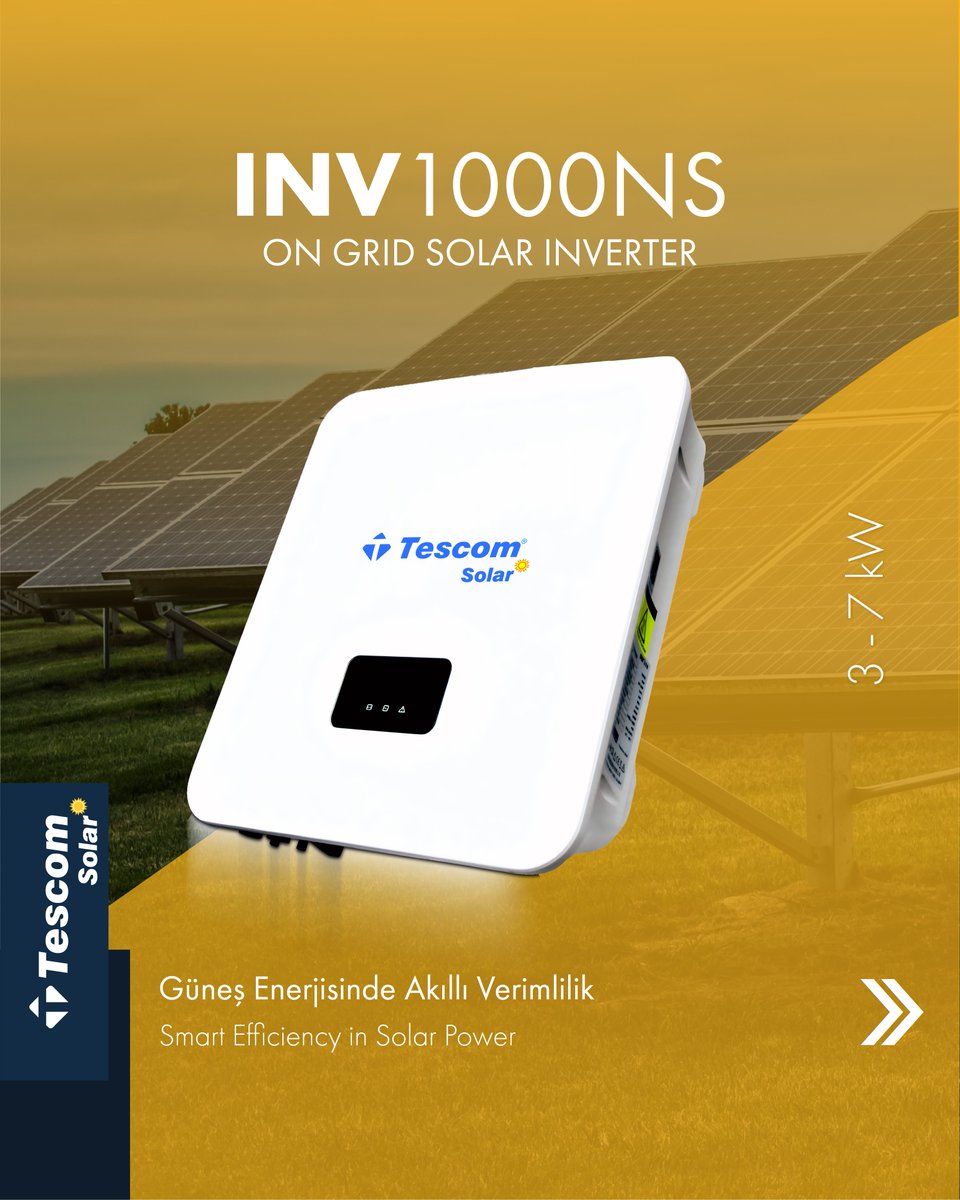 TESCOM_UPS's tweet image. INV1000NS ON GRID Solar İnvertör (3–7 kW), kompakt ve hafif tasarımı, yüksek güç yoğunluğu ve %98,4 verimliliği ile modern güneş enerjisi sistemleri için ideal çözümdür.

#Tescom #INV1000NS #SolarInverter #GüneşEnerjisi #OnGrid #HighEfficiency #SmartMonitoring #IP65