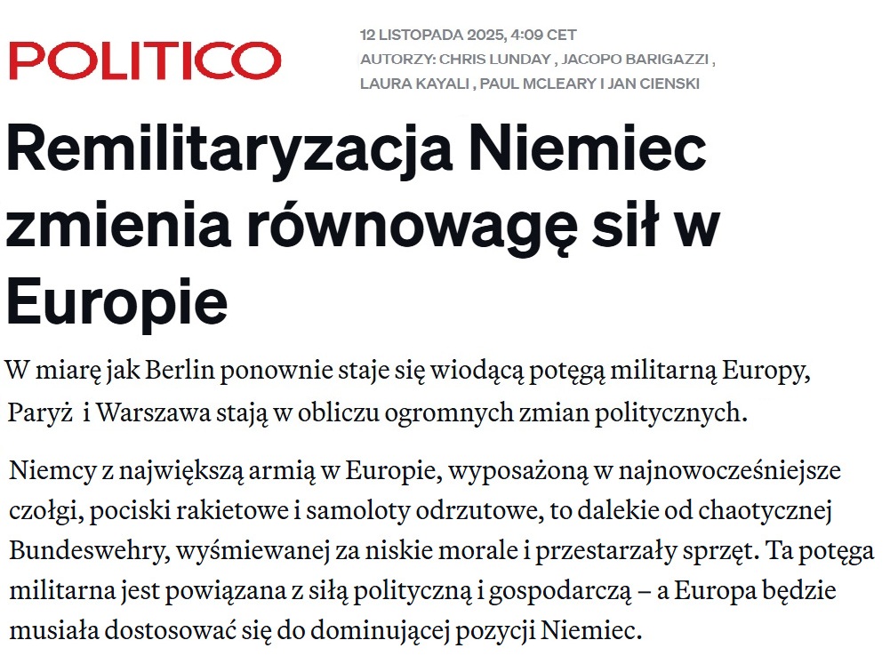 PawelSokala's tweet image. "Europa MUSI (!) dostosować się do dominującej pozycji Niemiec" - to przekaz dnia Politico.

Tekst niezwykle ciekawy ze względu na konstrukcję narracyjną i polityczny przekaz. Oparty jest na kontraście odmiennej (rzekomo) reakcji na zapowiedź niemieckich zbrojeń ze strony Polski…