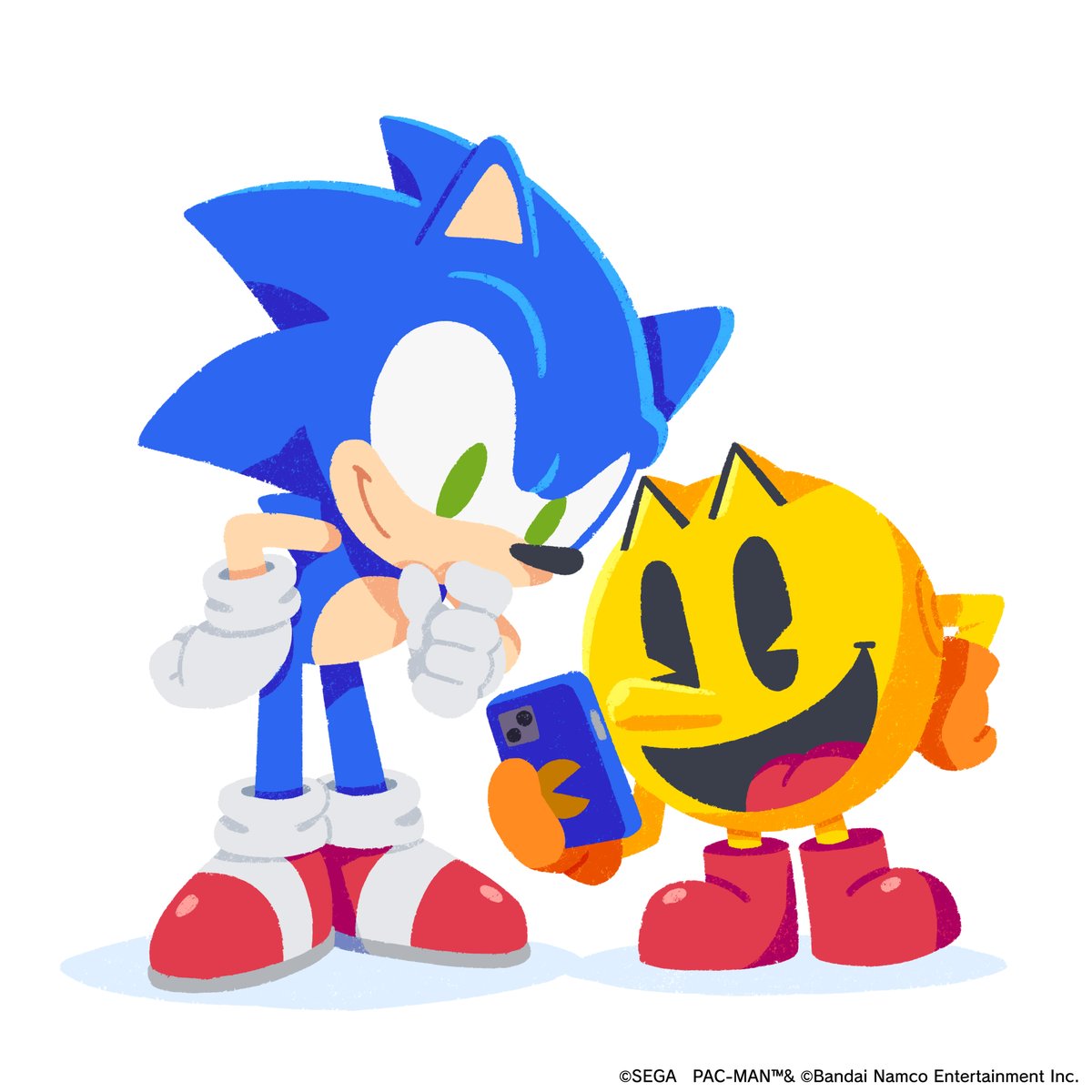 #ソニック とスマホを覗いている #パックマン 👀
どうやらソニックのアドバイスを受けながら、タイムを縮めるべく走りを研究しているようです。 次はどのルートで走ろうか？

『パックマンワールド２ リ・パック』のDLC「ソニック・ザ・ヘッジホッグ コラボレーションコンテンツ」 は現在配信中！📶