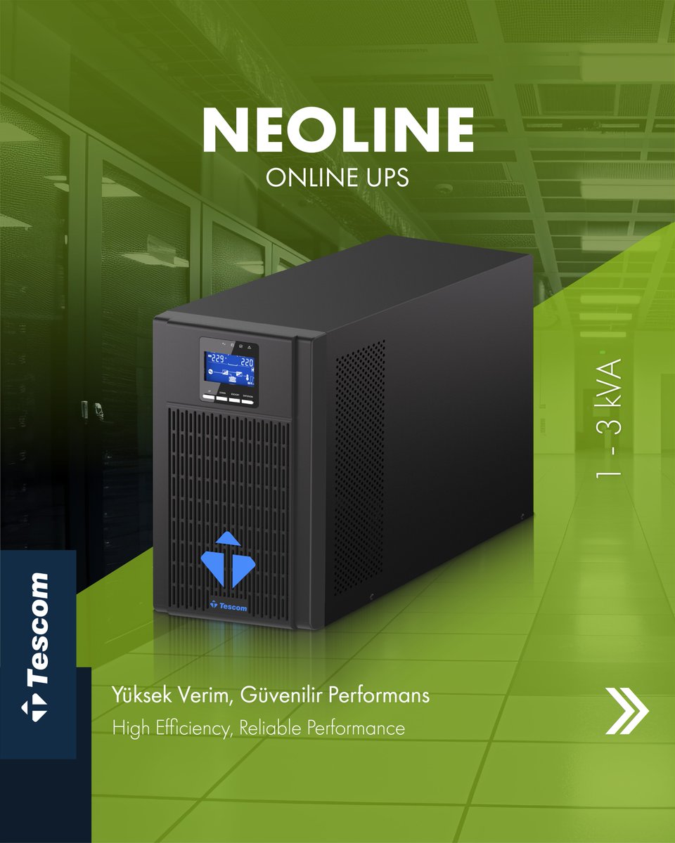 TESCOM_UPS's tweet image. Neoline Online UPS (1–3 kVA), tam dijital kontrol yapısı ve geniş giriş gerilim aralığıyla sistemlerinize kesintisiz enerji sağlar.

#Tescom #Neoline #UPS #OnlineUPS #KesintisizEnerji #PowerSolutions #EnergyEfficiency #DigitalControl #GüvenilirEnerji