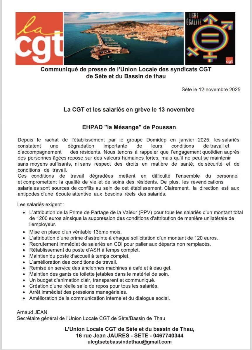 📢 Rassemblement #CGT demain 13 novembre 2025 à partir de 6h30, devant l'ehpad La Mésange à Poussan.

#ulcgt ✊
#CgtEnLuttes 
#sete