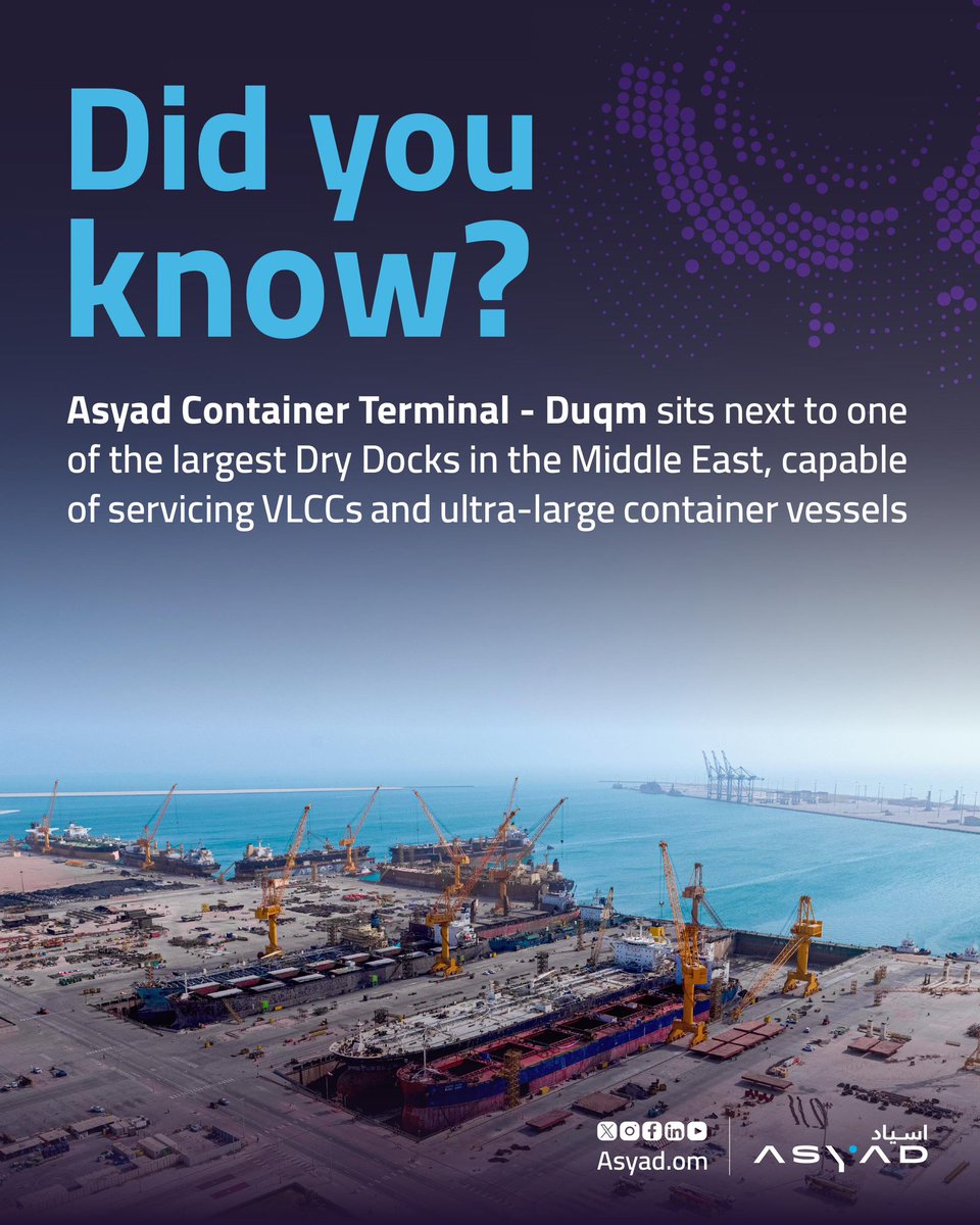 بفضل موقع #محطة_أسياد_للحاويات بجوار #أسياد_للحوض_الجاف عالمي المستوى، توفر الدقم حلولاً بحرية متكاملة وعملية لمشغلي السفن، وشركات النقل والشحن.
وجهة واحدة لمناولة البضائع وإصلاح السفن.

#asyad_container_terminal is strategically located next to #asyad_dry_dock, a world-class dry
