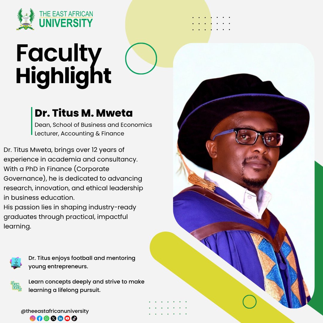 TEAU_Kitengela's tweet image. Faculty Highlight: Meet Dr. Titus Mweta, Dean, School of Business &amp;amp; Economics at The East African University
With 12+ years in academia &amp;amp; consultancy, he champions ethical leadership &amp;amp; practical learning.
#Facultyhighlight #RutoMustGo #Getitdone
