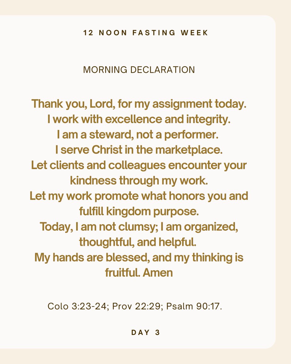 jekayode's tweet image. I DECLARE TODAY!

Thank you, Lord, for my assignment today.
I work with excellence and integrity.
I am a steward, not a performer. 
I serve Christ in the marketplace.
Let clients and colleagues encounter your kindness through my work.
Promote what honors you and remove what