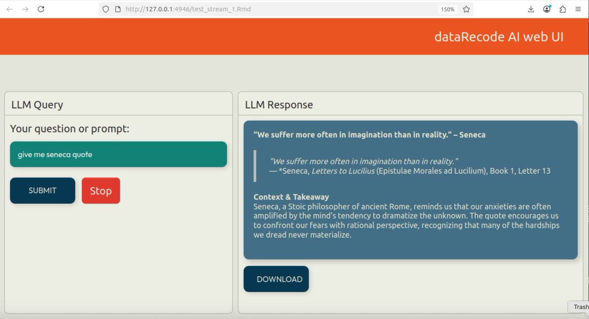 Screenshot of an early prototype of our LLM web UI. It supports streaming and works with both local and cloud-hosted models. A web UI for LLMs offers a browser-based interface for prompt-response interaction — no terminal required. Powered by #shinychat, #ellmer, and #flexdash.