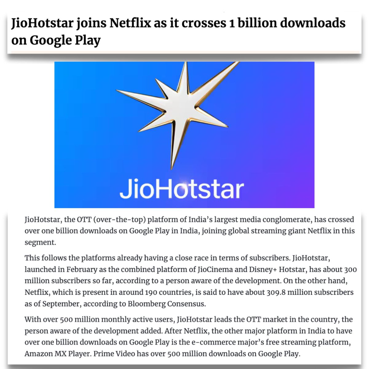 JioHotstar clocks 1 billion downloads on Google Play, joining the ranks of Netflix in the OTT segment.