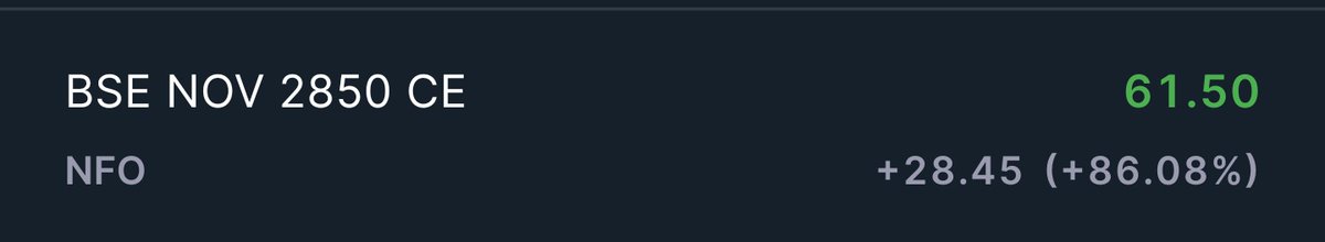 Trend__Masters's tweet image. #POSITIONAL 

BSE 2850 CE (Nov Expiry) 
CMP is 55-65 
Can hit 80/100/130+ 
SL 25 

Disclaimer : Plz Manage Your own risk. We can go wrong as well.