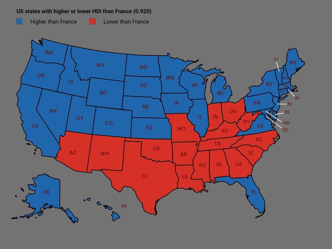 simongerman600's tweet image. Dear US patriots, here is the moment of truth: does your US state have a higher Human Development Index than France? Source: reddit.com/r/MapPorn/comm…
