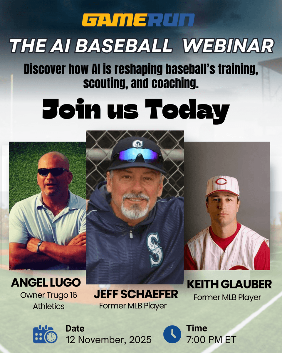 ⚾ Join us Today! 🤖
The AI x Baseball Webinar by GameRun is here to change the game! 💥
📅 Nov 12 | 7 PM ET
🎙️ Angel Lugo | Jeff Schaefer | Keith Glauber
Get ready to see how AI Coaching is transforming baseball!
#GameRunIQ