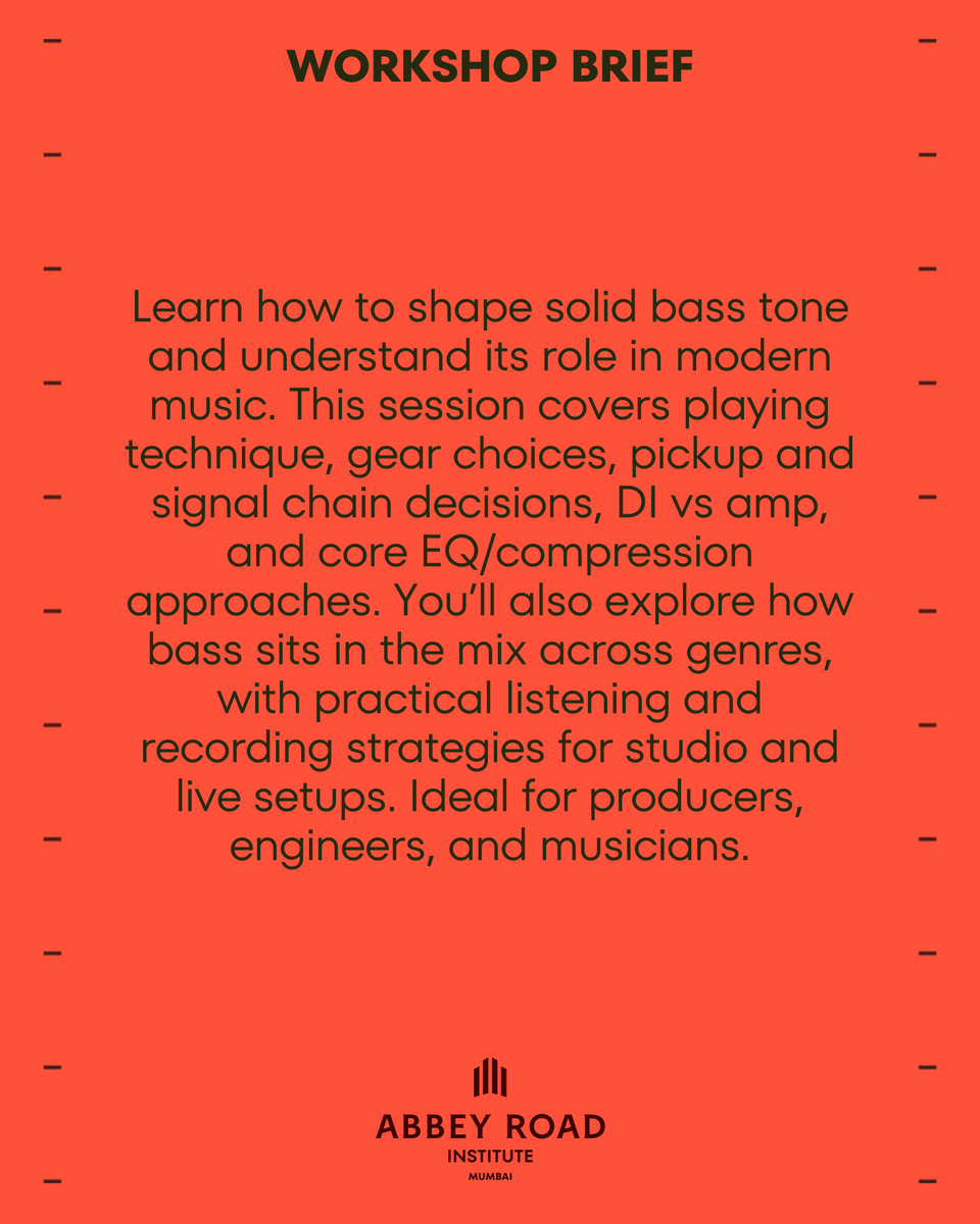 abbeyroadinsmum's tweet image. Student Workshop: Introduction to Bass Tones with Dibyajyoti Nath 🎸

Students explore how technique, gear, and signal choices shape modern bass tone - plus EQ, compression, and mixing across genres.

#AbbeyRoadInstituteMumbai #BassTone #MusicProduction #SoundEngineering