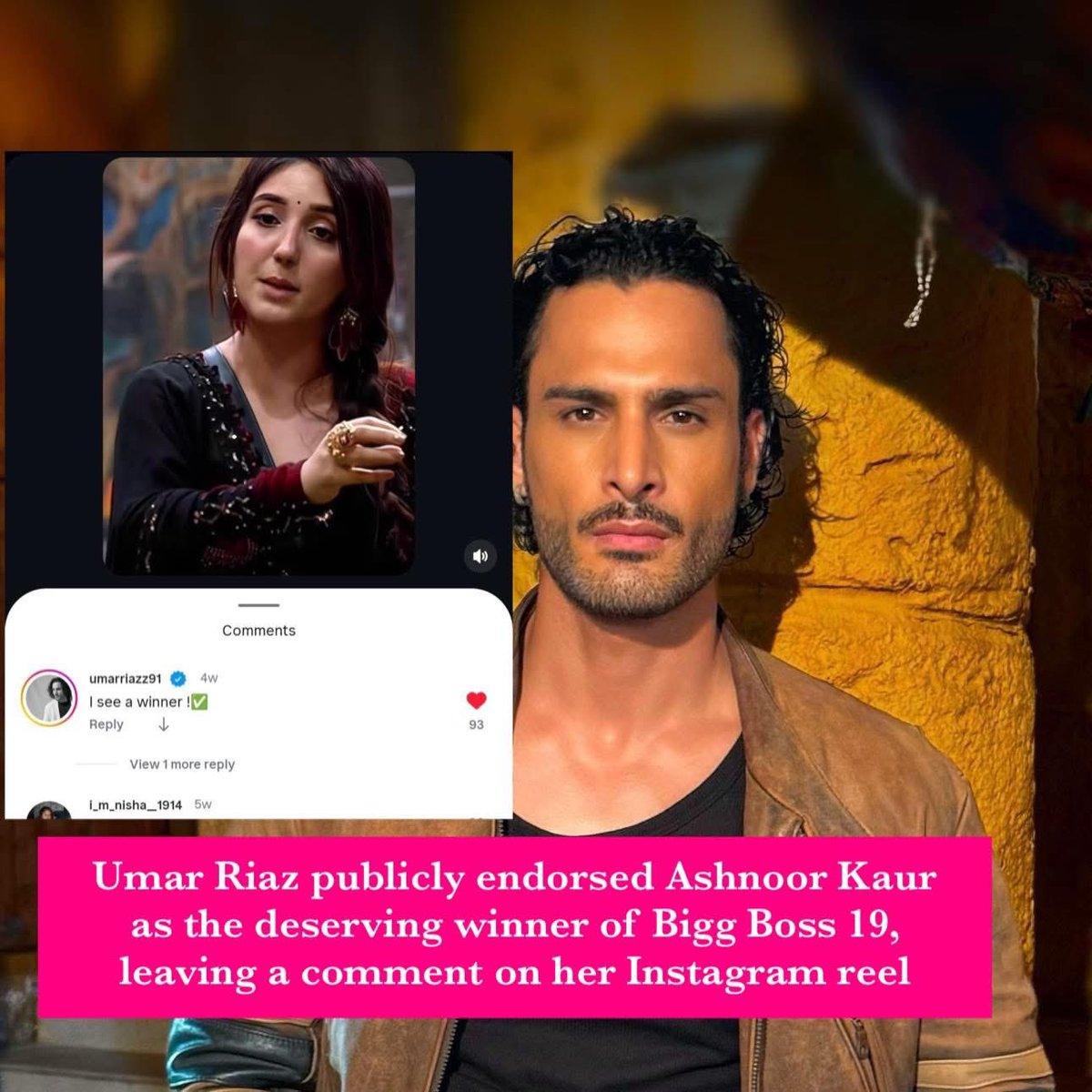 TheKhabriTweets's tweet photo. #UmarRiaz publicly endorsed #AshnoorKaur as the deserving winner of Bigg Boss 19, leaving a comment on her Instagram reel https://t.co/l9HciNSH1H