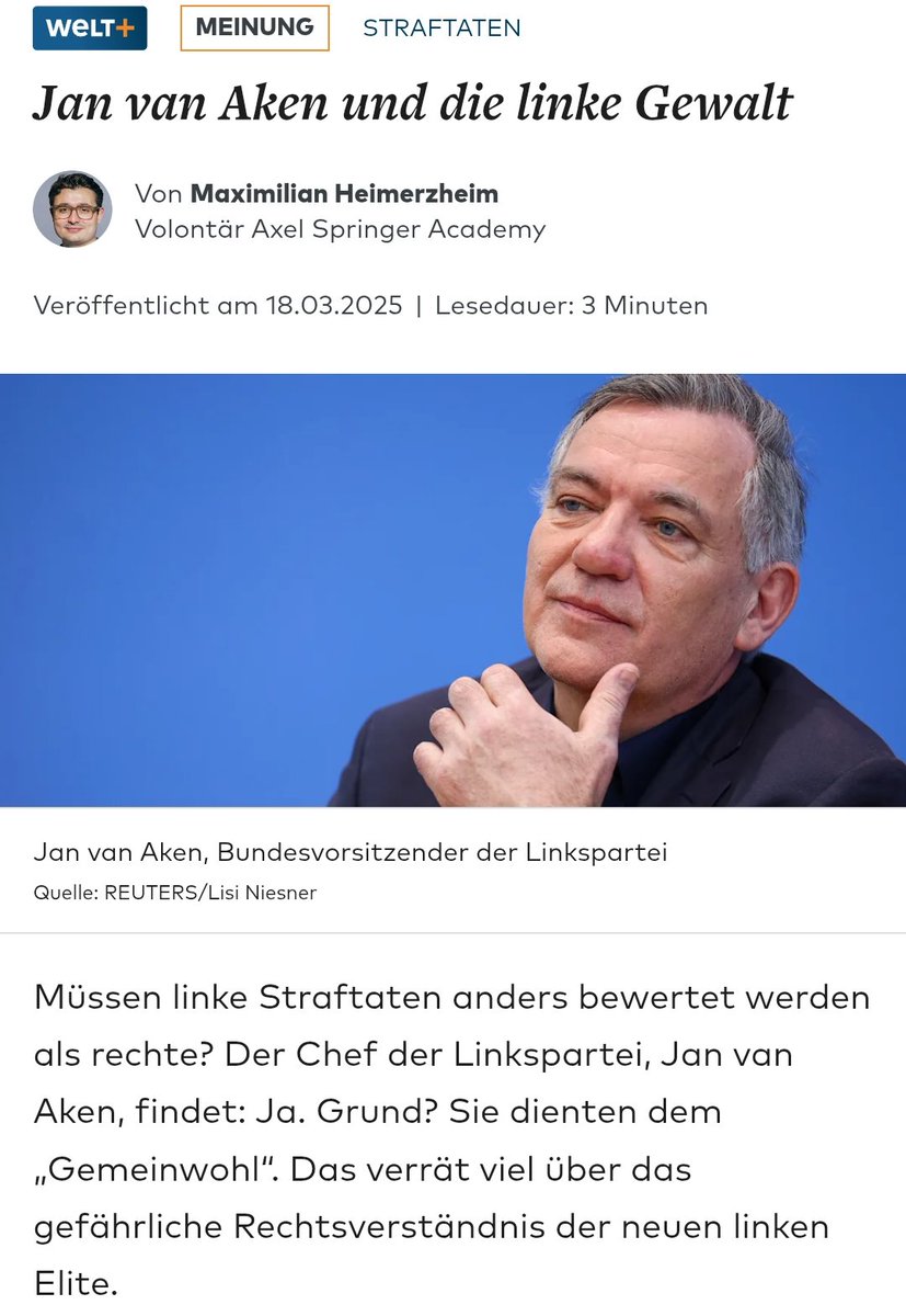 Jan van Aken hat kürzlich erklärt, linke Straftaten sollten milder bewertet werden, weil sie dem "Gemeinwohl" dienen und gegen Ungerechtigkeit gerichtet seien – im Unterschied zu rechten Taten. Das impliziert eine ideologische Doppelmoral, die dem Grundgesetz widerspricht, das