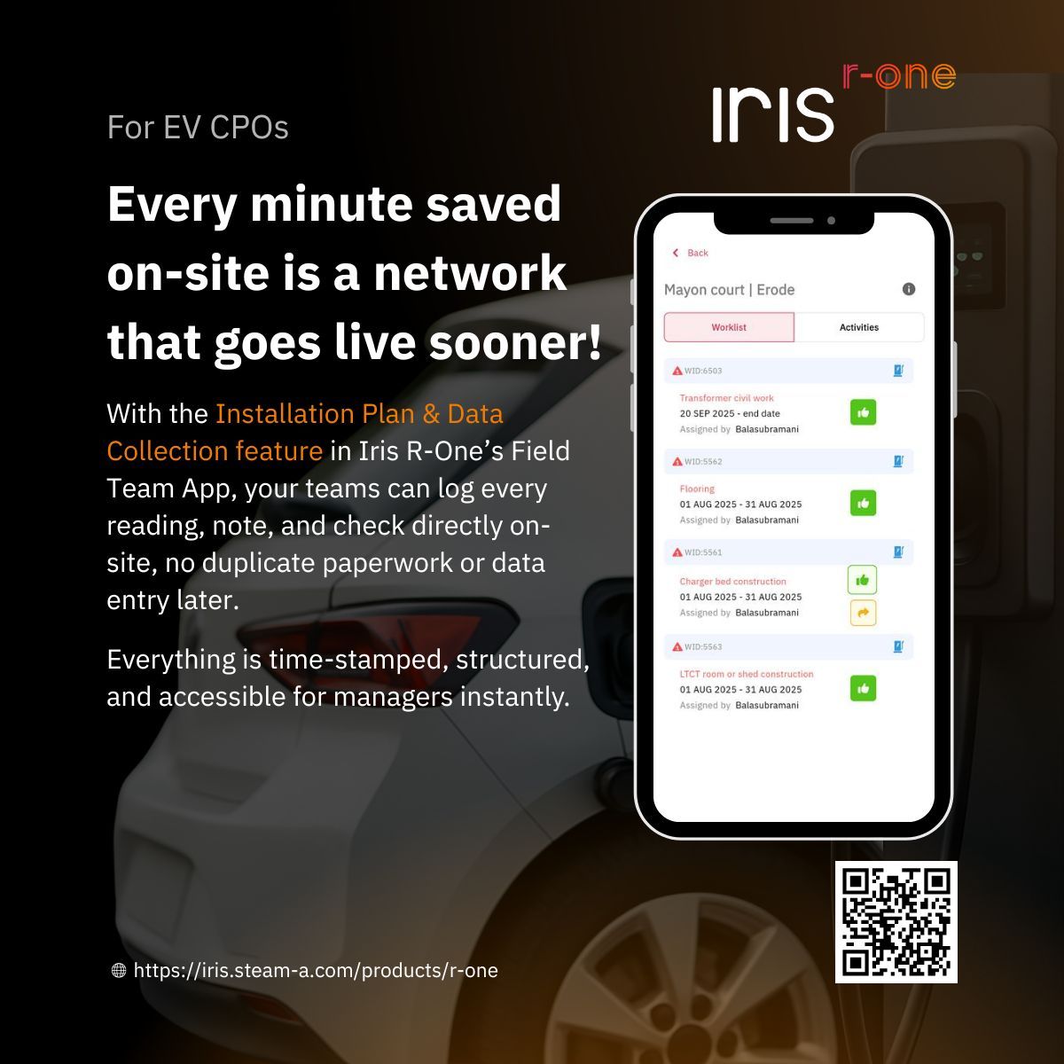 Iris_SteamA's tweet image. Still using spreadsheets for site installations?

With Iris R-One’s Installation Plan &amp;amp; Data Collection, your field team logs every check directly on-site- no paperwork, no rework. 

🔗 iris.steam-a.com/products/r-one… 

#EVCharging #FieldOperations #InstallationManagement #IrisRone