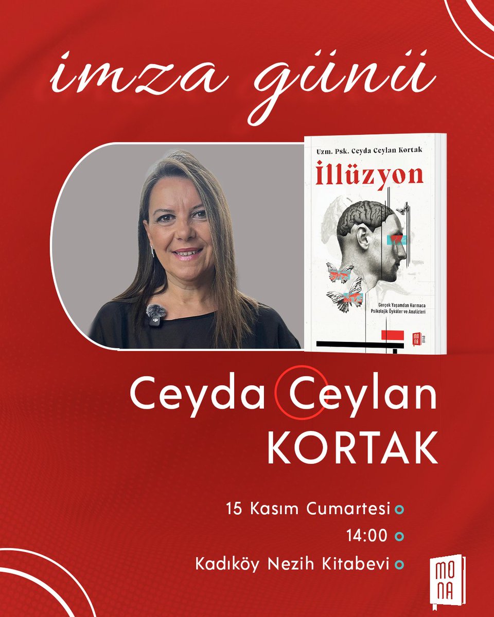 Değerli yazarımız Ceyda Ceylan Kortak, 15 Kasım'da Kadıköy Nezih Kitabevi'nde sizlerle buluşuyor! ✨✍🏼

Tüm okurlarımızı bekleriz!

#MonaKitap #İmzaGünü