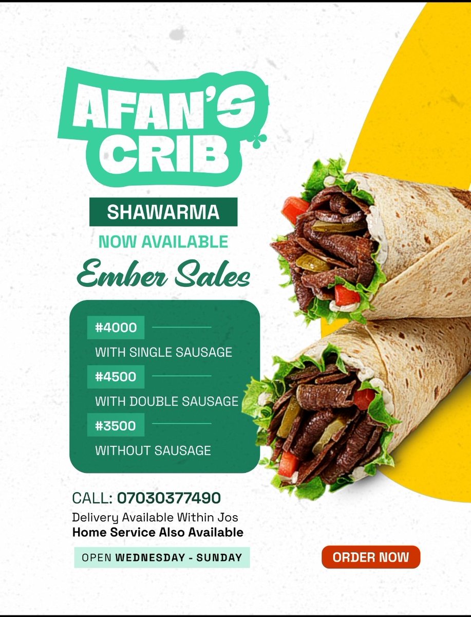 EricLimani's tweet photo. Official Announcement!

The wait is over. Afan’s Crib Shawarma is now officially open for business! 😋🔥

Starting tomorrow, we’ll be serving you the best-tasting shawarma in town, juicy, fresh, and made with love ❤️
🕓 Open Days: Wednesday – Sunday 
📍 Location: Jos. https://t.co/ueZ0UvyhEH