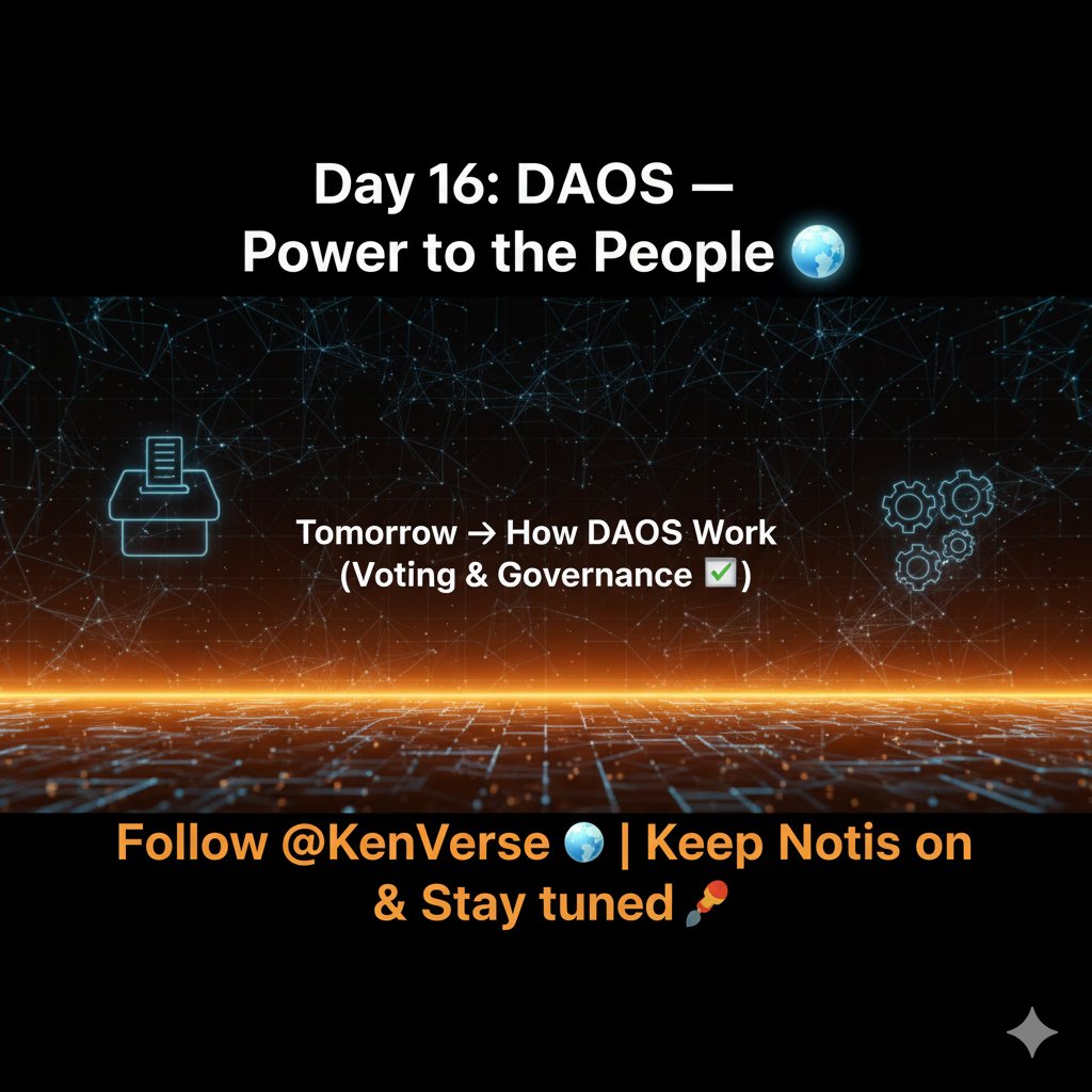 kennverse's tweet image. DAOs show us how people can run organizations together without central control. 
Tomorrow → How DAOs work (voting &amp;amp; governance). 
Follow @KenVerse | Keep Notis on &amp;amp; stay tuned 
#100DaysOfWeb3