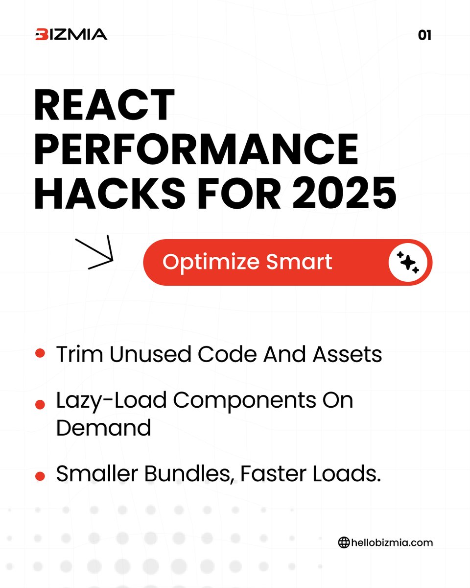 bizzmiallc's tweet image. 𝗥𝗲𝗮𝗰𝘁 𝗛𝗮𝗰𝗸𝘀 𝟮𝟬𝟮𝟱: 𝗛𝗼𝘄 𝘁𝗼 𝗞𝗲𝗲𝗽 𝗨𝘀𝗲𝗿𝘀 𝗛𝗮𝗽𝗽𝘆
#ReactJS #React2025 #Bizmia #WebPerformance #FrontendDevelopment #WebDevelopment #JavaScript #ReactDevelopers #PerformanceOptimization #DigitalTransformation #TechInnovation #SpeedMatters