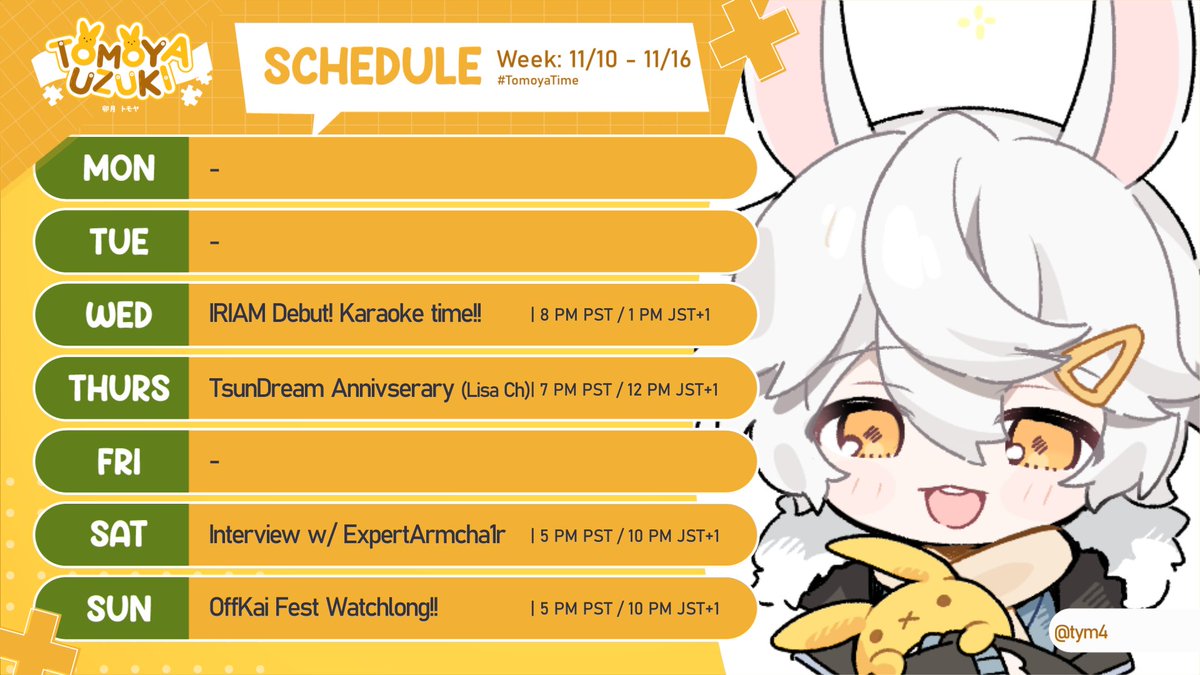 uzukitomoya's tweet photo. THAT'S RIGHT BABYYY
WE ACTUALLY HAVE A SCHEDULE THIS WEEK!!
Come stop by my channel (+IRIAM Channel) and others for a bunch of exciting activities this week. Hopefully something here for everyone to enjoy!
#TomoyaTime https://t.co/SYSHVg9crD