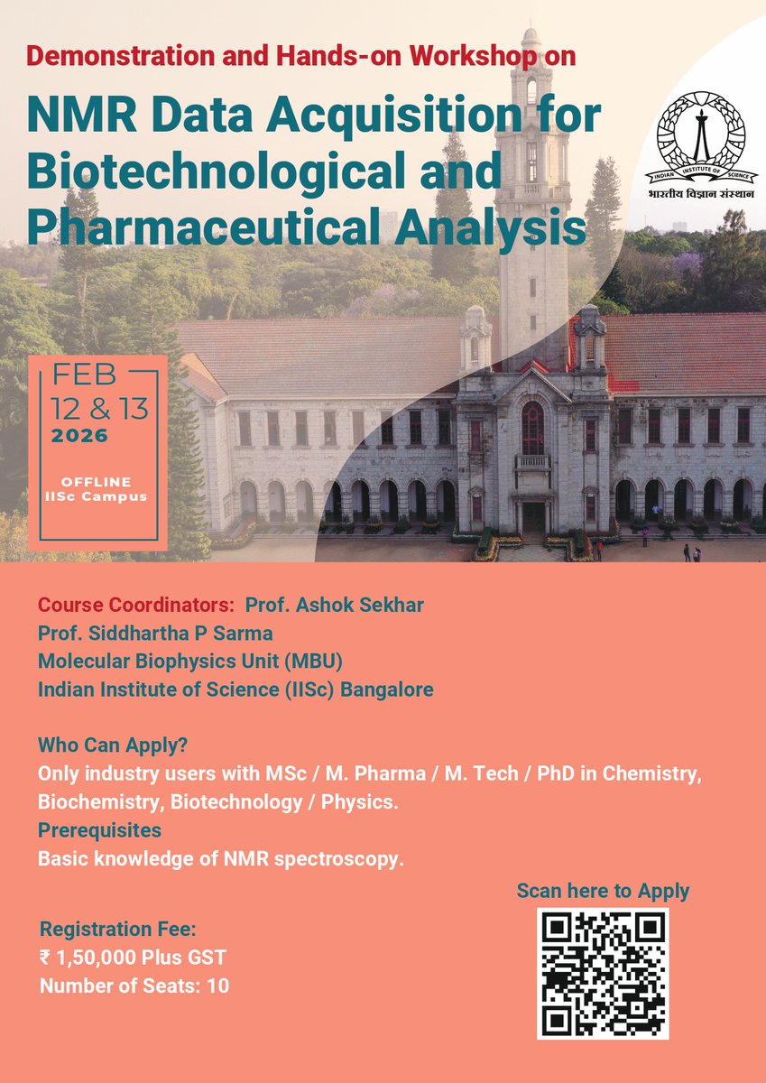 cce_iisc's tweet image. API &amp;amp; Biosimilar QC/R&amp;amp;D experts:
Hands-on NMR Data Acquisition Workshop.
Industry participants only.
Strictly 10 seats.
Investment: ₹1.5L + GST

Apply now! cce.iisc.ac.in/self-support-c…

#NMRSpectroscopy #Pharma #biotech #IISc #APIManufacturing #Biosimilars #QC #RND