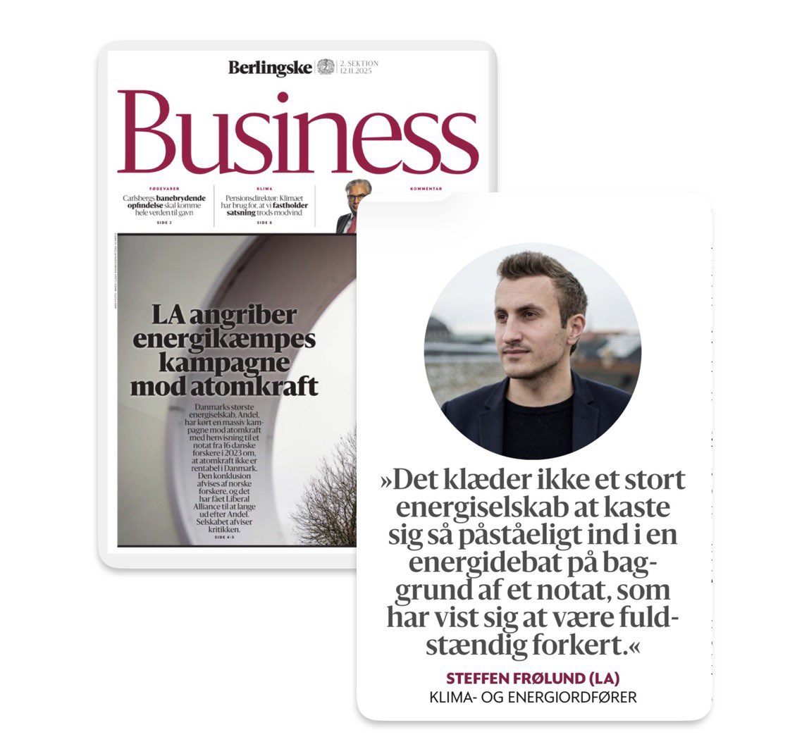 SteffenFrolund's tweet photo. Sig undskyld til danskerne, Andel! 

Vær for eller imod atomkraft. I don't care. Men at lave en millionkampagne baseret på forkertheder, for at mele sin egen snævre kommercielle kage, på bekostning af at danskerne ikke får den optimale energipolitik, er absurd ringe moral. 

Nu ved alle at Andels påståelige kampagne byggede på et berygtet fejlbehæftet notat. Dygtige forskere fra Norge har udgivet et peer-reviewed paper, som river fejlnotatet midt over. 

"Vores kampagne handler ikke om at
vinde en forskningsdebat" siger Andel nu, efter at have brugt millioner på en kampagne, som alene handlede om at vinde en forskningsdebat. Ved ekstremt påståeligt at påstå man besad den endegyldige sandhed, og at folk bare skulle læse det med småt. Kun bakket op af ét fejlbehæftet og komplet tilbagevist notat. 

Et notat, som alle der havde ulejliget sig til at læse det, godt vidste var propfyldt med fejl, faldne forudsætninger og forældede tal. Det var vi mange som sagde til alle der brugte det. Det sagde vi også til Andel. 

Sjovt nok sagde notatets 16 forfattere ingenting til nogen. Det kan man jo tænke lidt over hvorfor mon er. 

Vidste Andel det ikke? Så virker kompetencerne indenfor energiområdet ikke imponerende. En af fejlene er noget så banalt som en forældelse af prisen på havvind. Der er blevet meget dyrere. Hvilket er Andel selv investerer i. Vidste de det godt? Så løb de altså velvidende med forkertheder, og kaldte dem for de sandheder man skulle huske at læse med småt. 

Ved ikke hvad der ser værst ud for dem. Men uanset, så ved de det nu. 

Kampagnen lever dog stadig på Andels hjemmeside. Hvor de den dag i dag fortsat spreder misinformationen.

I Andels skriftlige svar til Berlingske opfinder de endda en ny misinformation. At det skulle tage 30 år at etablere atomkraft i Danmark. Det jo hovedrystende umodent først ikke at turde stille op til interview, og så siden vælge at misinformere mere i sit skriftlige svar. 

Mindblowing. 

En voksen derinde fra burde sige højt og offentligt undskyld til danskerne. At oversvømme energidebatten med bullshit gik engang. Det går ikke længere.