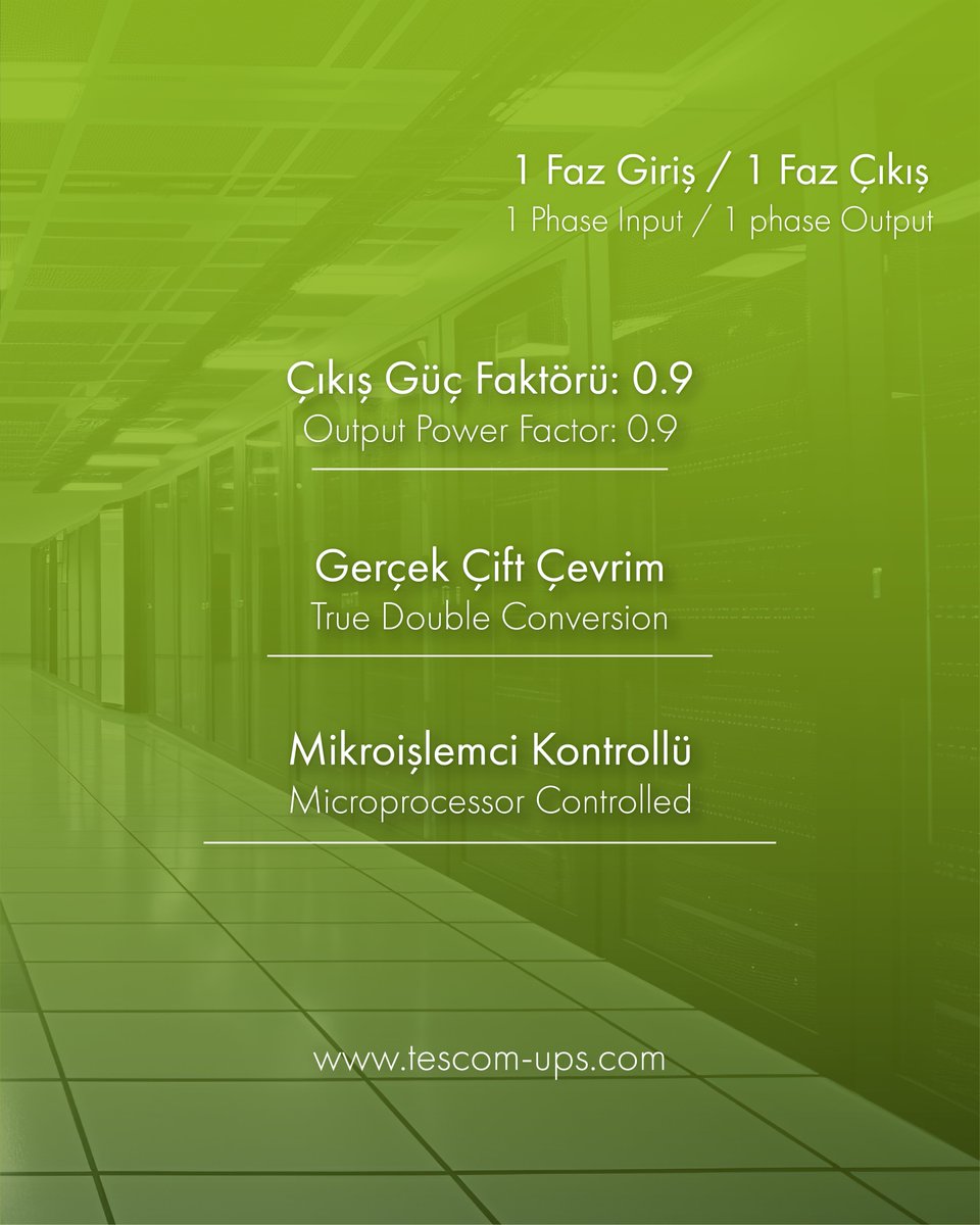 TESCOM_UPS's tweet image. TEOS RT serisi (1–10 kVA), gerçek çift çevrimli online yapısıyla kararlı ve kesintisiz enerji sağlar. Mikroişlemci kontrollü tasarımıyla güvenilirliği artırırken, geniş giriş gerilim aralığı sayesinde zorlu şebeke koşullarında da verimli çalışır.

#Tescom #TEOSRT #OnlineUPS