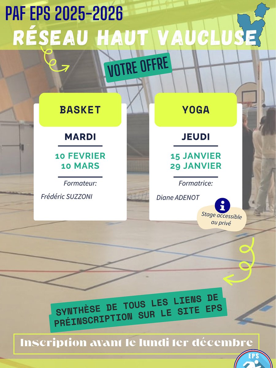 EPS_ac_aix_mars's tweet image. 📢 PAF EPS 2025/2026

👀 🔭 Zoom sur le réseau Haut Vaucluse !

Au programme : 
 🏀 Basket 
🧘 Yoga

ℹ️ Inscriptions sur l’Edito FC : pedagogie.ac-aix-marseille.fr/jcms/c_1147525…