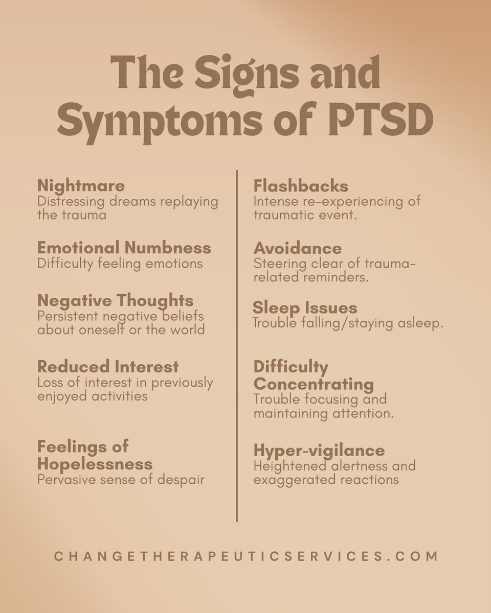 Change_service's tweet photo. PTSD can impact mood, memory, sleep, and relationships. Awareness is key — when we recognize the signs, we can begin to heal and seek the help we deserve. 
#PTSDawareness #TraumaInformedCare #MentalHealthEducation #HealingJourney #EmotionalWellness #TherapyTalk #YouAreNotAlone https://t.co/2aGduA79nk