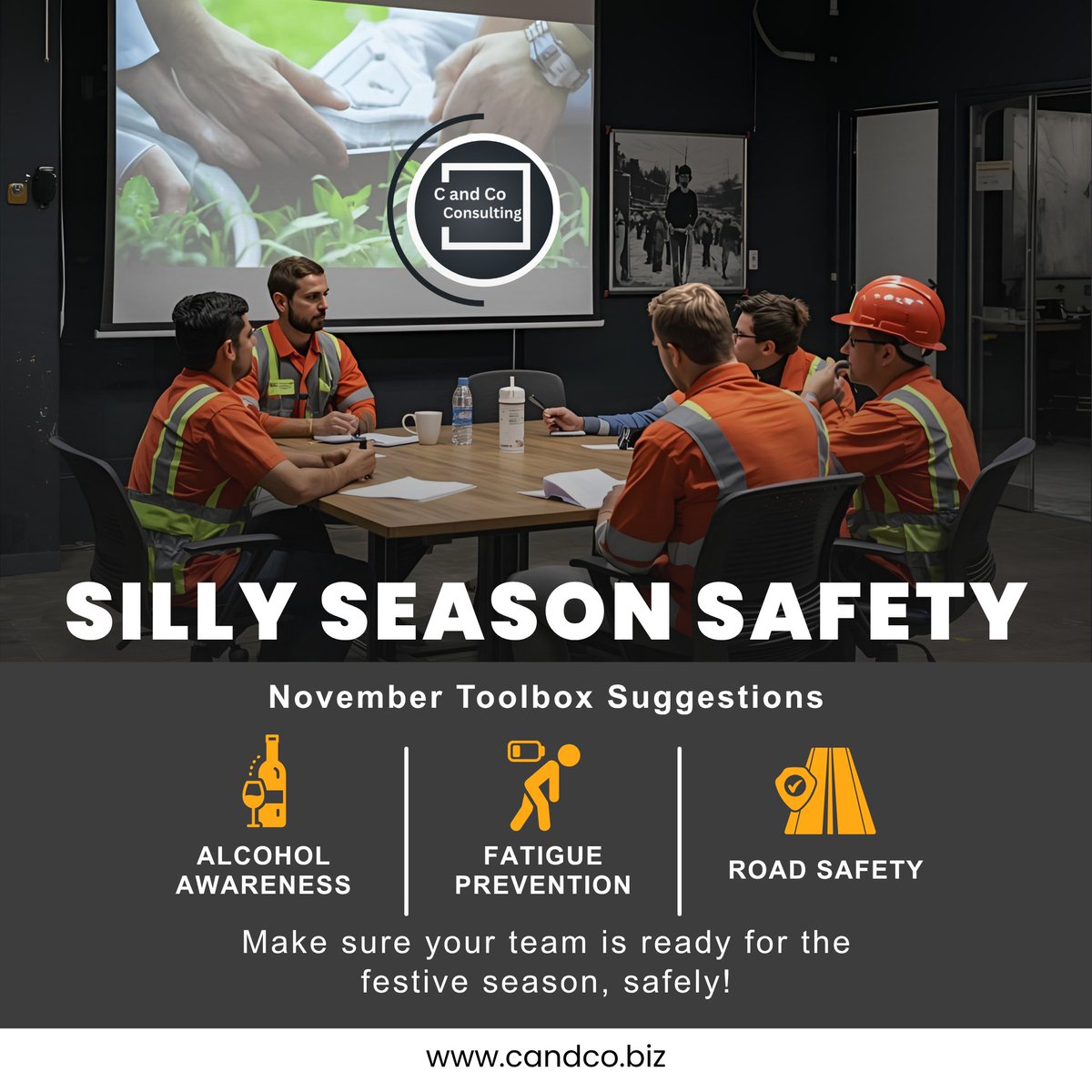 CandCoConsSA's tweet image. 📋 November toolbox ideas: Alcohol awareness, fatigue prevention, and road safety. Keep your teams festive-ready, safely!

👉 Need help developing toolbox talks? candco.biz

#ToolboxTalks #SillySeasonSafety