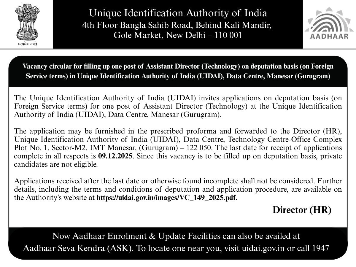UIDAI's tweet image. #UIDAI invites applications for one post of Assistant Director (Technology) on deputation basis (on Foreign Service terms) at Data Centre, Manesar (Gurugram).

Please read the instructions carefully before applying. For more details, visit: uidai.gov.in/images/VC_149_…

The last date…