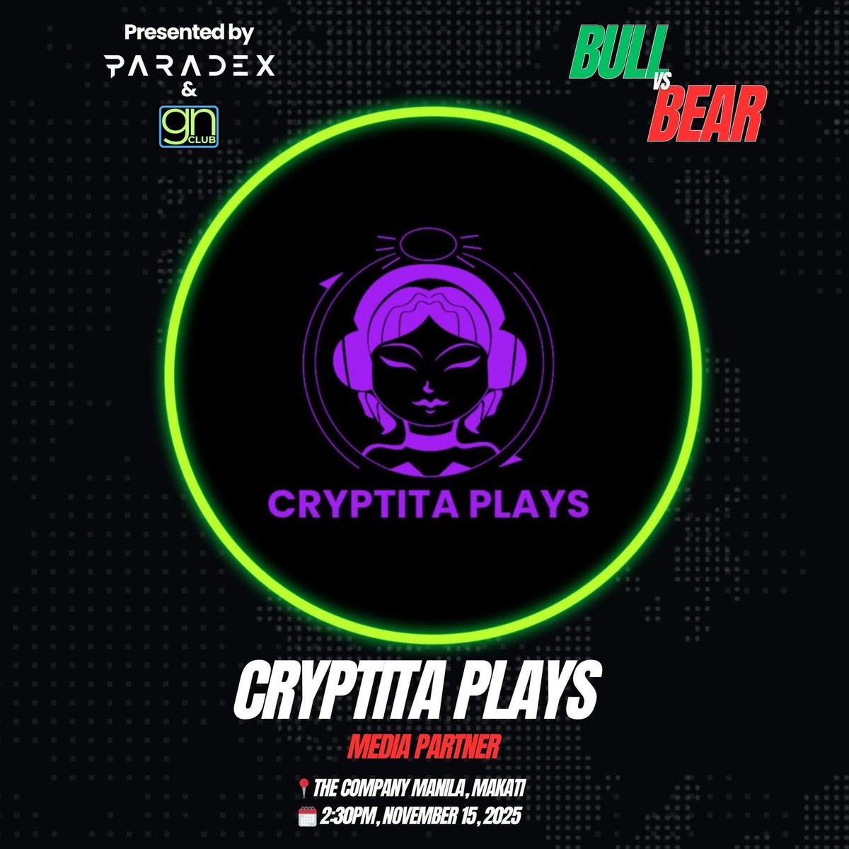 cryptitaplays's tweet image. Brace yourselves 🐂🐻

The next-level Trading Esports war is here!

CrypTita Plays joins as the official media partner of @gnclubofficial x @paradex — Bull vs Bear.
November 15. Makati.
No mercy. Just precision.

#CrypTitaPlays #Web3PH #Paradex #GNClub