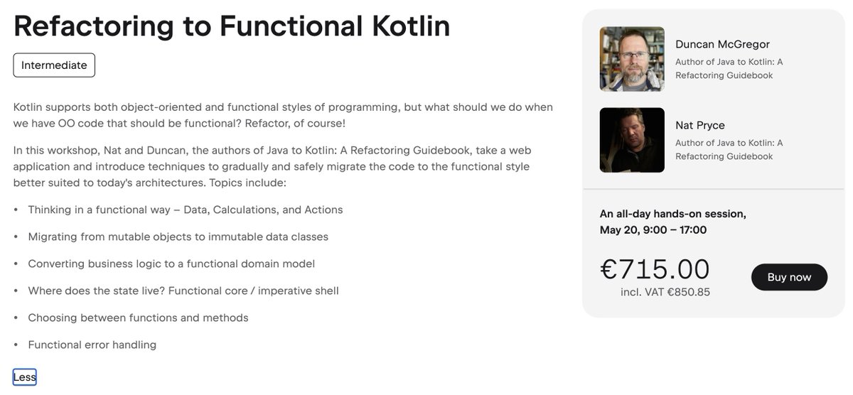 kotlinconf's tweet image. New workshop alert! 🚀

In case you missed it, “Refactoring to Functional Kotlin” by @duncanmcg and @natpryce has been added to the KotlinConf’26 lineup.

Spend a full day in a hands-on session with certified Kotlin trainers.

👉 kotl.in/conf-workshops…