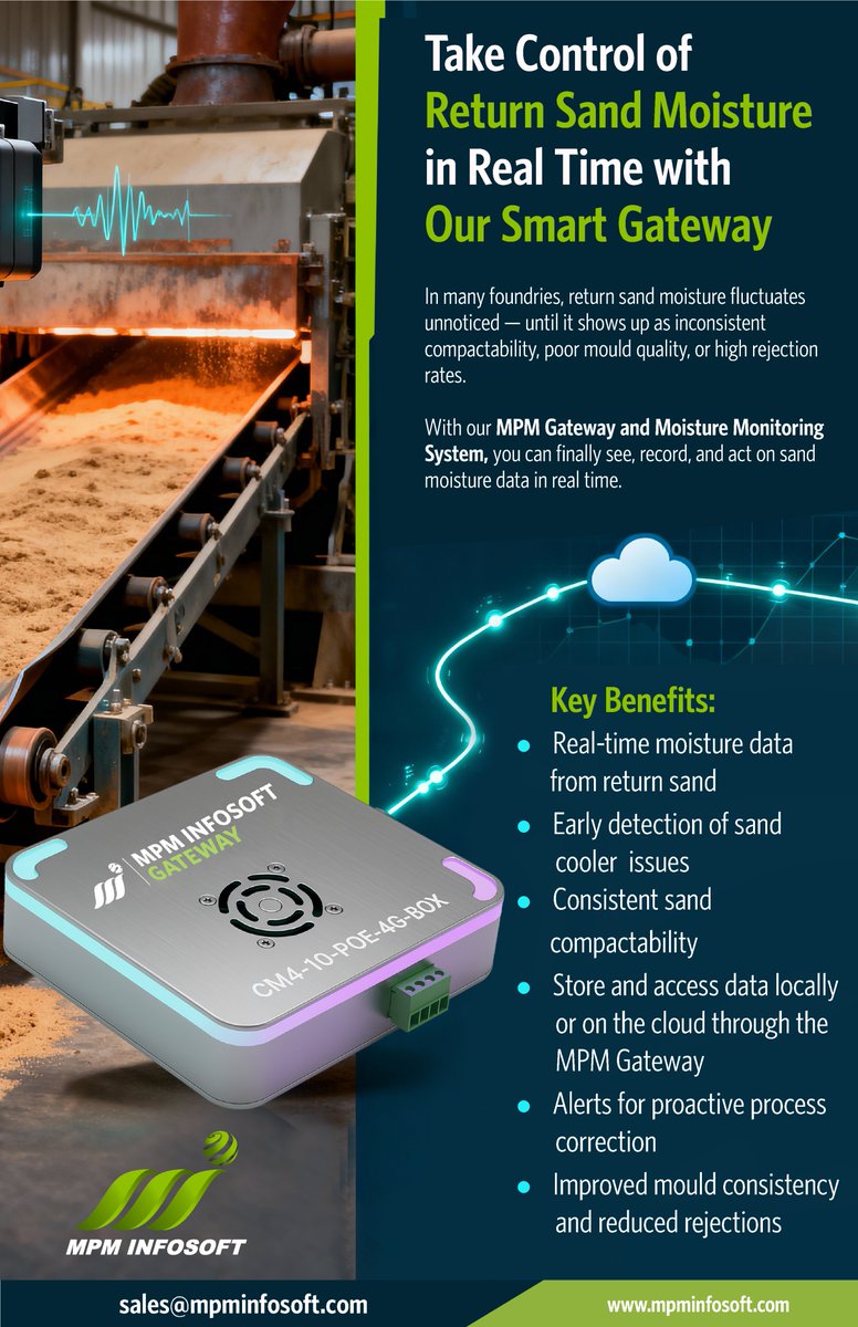 Stop guessing. Start controlling. 

Fluctuating return sand moisture is killing your mould quality &amp; increasing rejections.

Our MPM Smart Gateway delivers:
Real-time moisture data 
Proactive alerts 
Consistent compactability 
Fewer rejects

#Foundry #SmartManufacturing #IoT