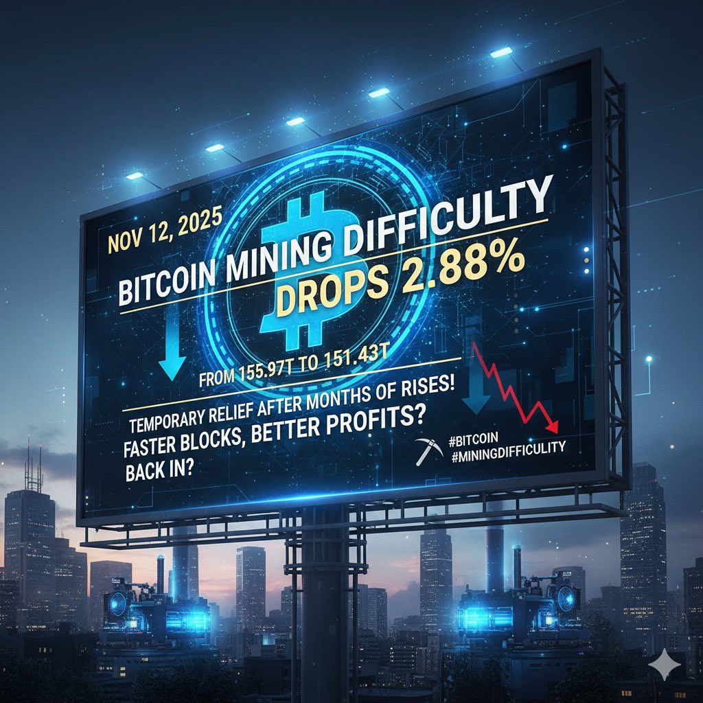 quirosjavi86's tweet image. BTC miners alert! On Nov 12, 2025, Bitcoin mining difficulty drops 2.88% from 155.97T to 151.43T. Temporary relief after months of rises! Faster blocks, better profits? Back in? #Bitcoin #MiningDifficulty 📉⛏️