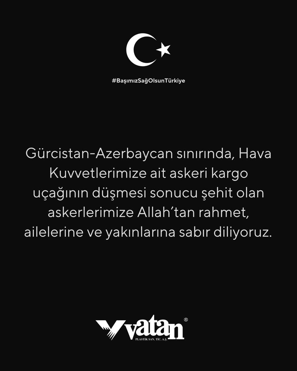 vatan_plastik's tweet photo. Gürcistan-Azerbaycan sınırında, Hava Kuvvetlerimize ait askeri kargo uçağının düşmesi sonucu şehit olan askerlerimize Allah’tan rahmet, ailelerine ve yakınlarına sabır diliyoruz.

#VatanPlastik #BaşımızSağOlsun https://t.co/GN5nLd9rU8