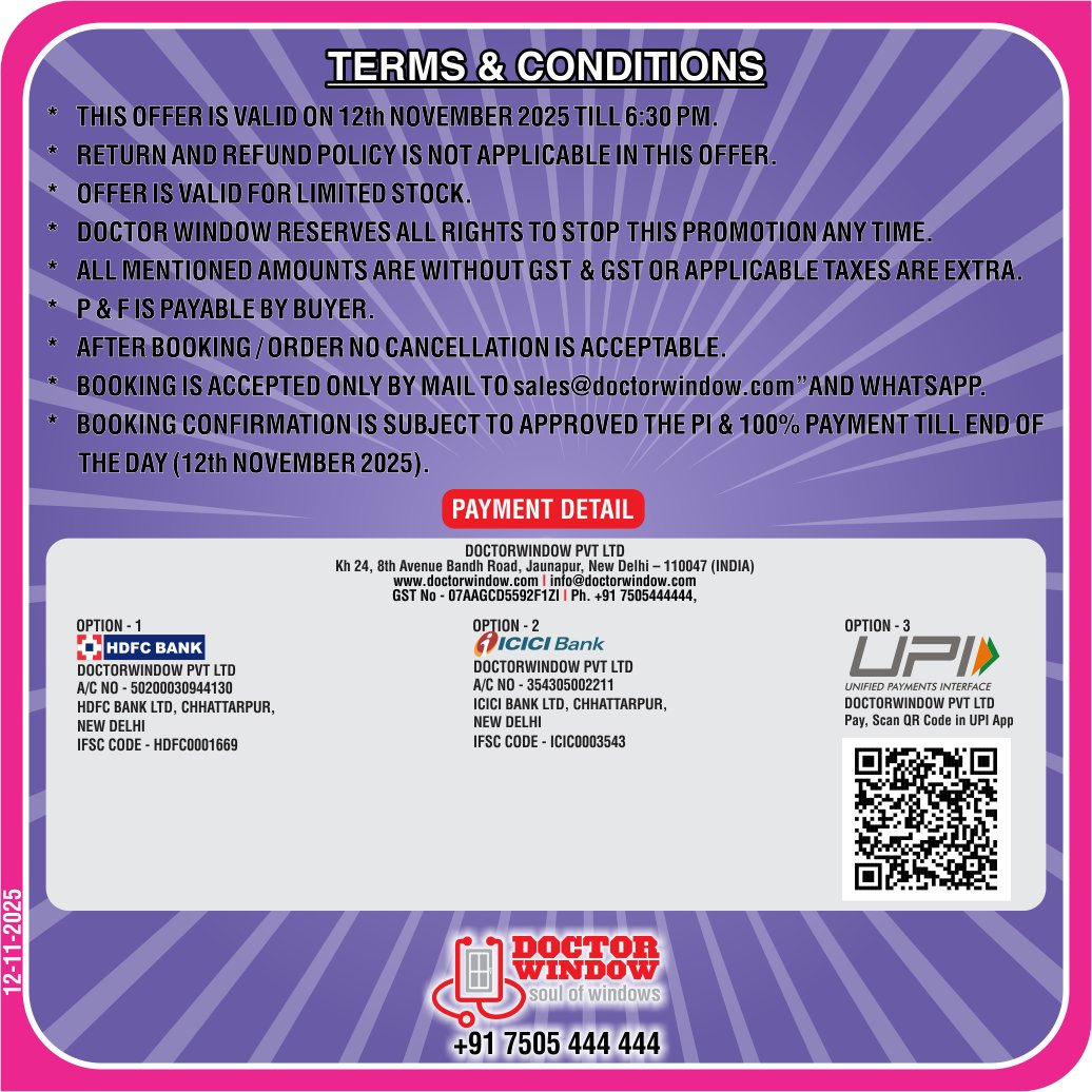 DOCTORWINDOW_IN's tweet image. 📷 𝗗𝗵𝗶𝗻𝗰𝗵𝗮𝗸 𝗢𝗳𝗳𝗲𝗿 𝗧𝗶𝗺𝗲!

Grab the deal of the season — hurry, limited time only!
📅 Valid till 𝟭𝟮𝘁𝗵 𝗡𝗼𝘃 𝟮𝟬𝟮𝟱, 𝟲:𝟯𝟬 𝗣𝗠

📞 Doctor Window: +91 7505 444 444
📧 sales@doctorwindow.com

#ssmesh #MosquitoProtection #doctorwindow #soulofwindows #hardware