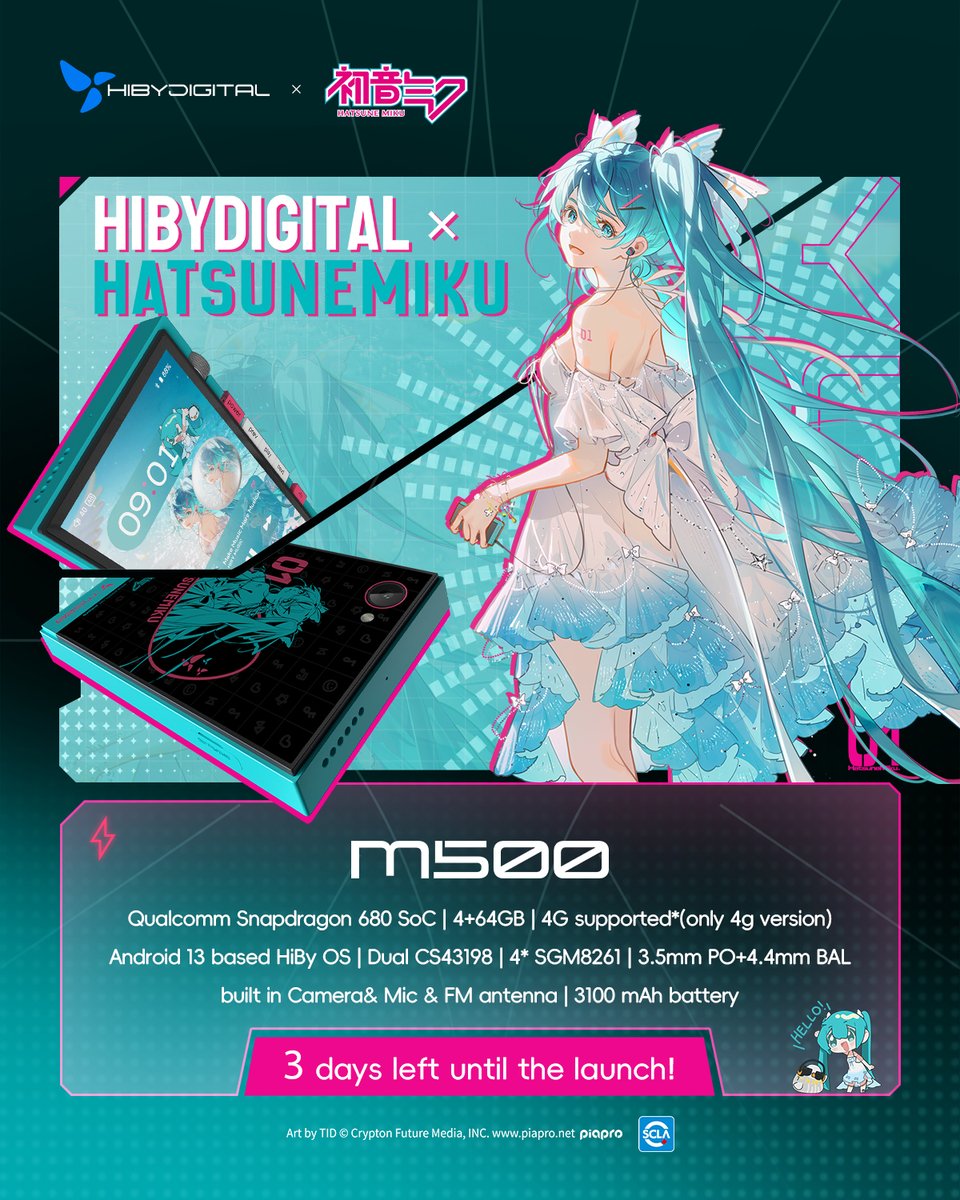 「3 days to go before the launch」

HiBy Digital M500: Basic specifications officially revealed.

*The full product page is coming soon…*

#hibydigital #hibydigitalm500 #HiByDigitalxHatsuneMiku