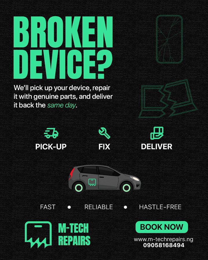 M_techRepairs's tweet image. 📱 Still using a cracked phone?
Don’t stress it — M-Tech Repairs will pick it up, fix it fast, and bring it right back looking brand new.
No queues. No delay. Just same-day repairs done right.
🚗💨 Book now at m-techrepairs.ng