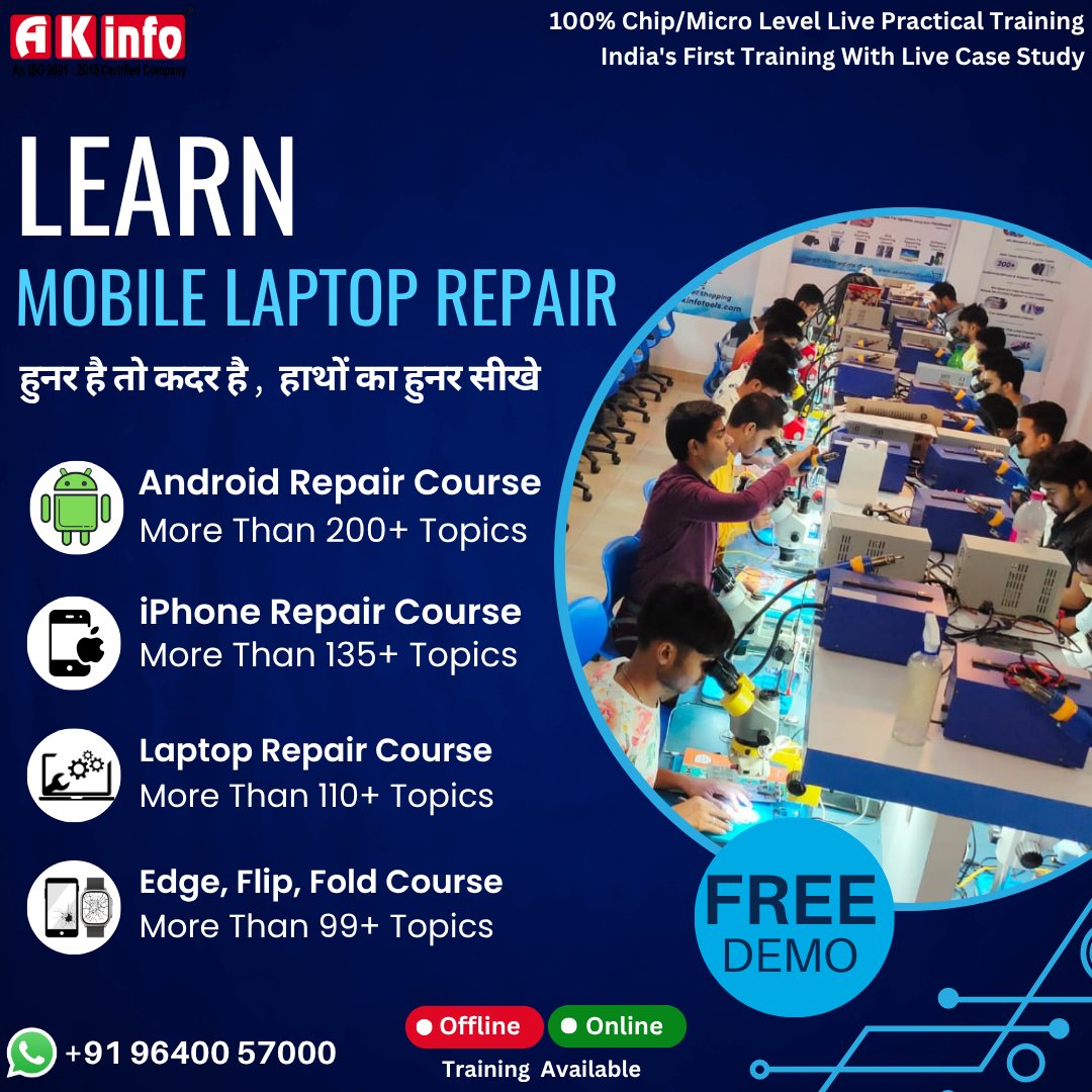 akinfodelhi's tweet photo. 🔧 Learn Mobile &amp; Laptop Repair with AK Info!
📱 +91 96400 57000
🌐 https://t.co/XIuWJ7vz65

#AKInfo #MobileRepairCourse #LaptopRepairTraining #iPhoneRepairCourse #ChipLevelTraining #SkillDevelopment #LearnAndEarn #TechnicalInstitute #MobileRepairing #RepairCourse #FreeDemo https://t.co/QGlOXlu9PN