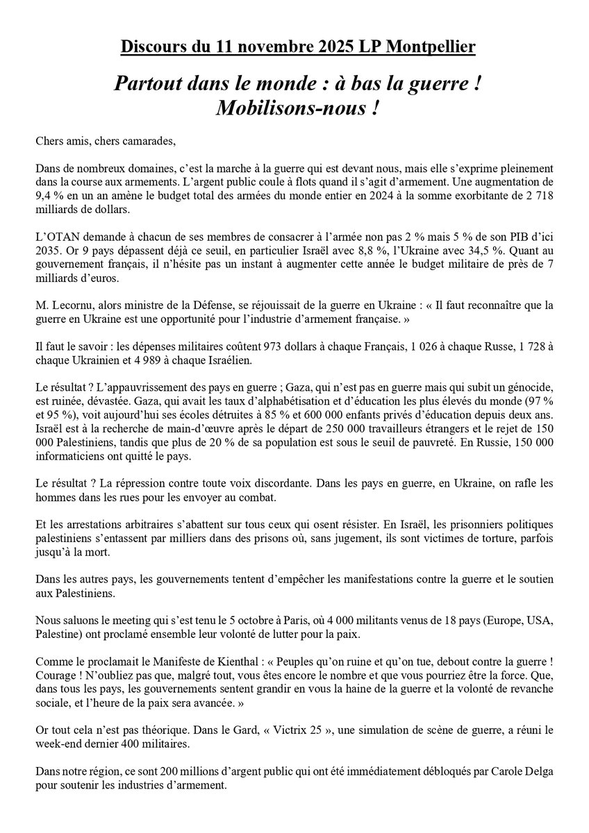LibreGroupe's tweet image. discours de la LP 34 lors du rassemblement du 11.11.25 à Montpellier à 11H00 place Jean Jaurès